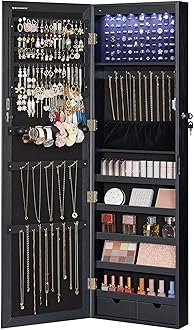 SONGMICS 6 LEDs Mirror Jewelry Cabinet, 47.2-Inch Tall Lockable Wall or Door Mounted Jewelry Armoire Organizer with Mirror, 2 Drawers, 3.9 x 14.6 x 47.2 Inches, Black UJJC093B01