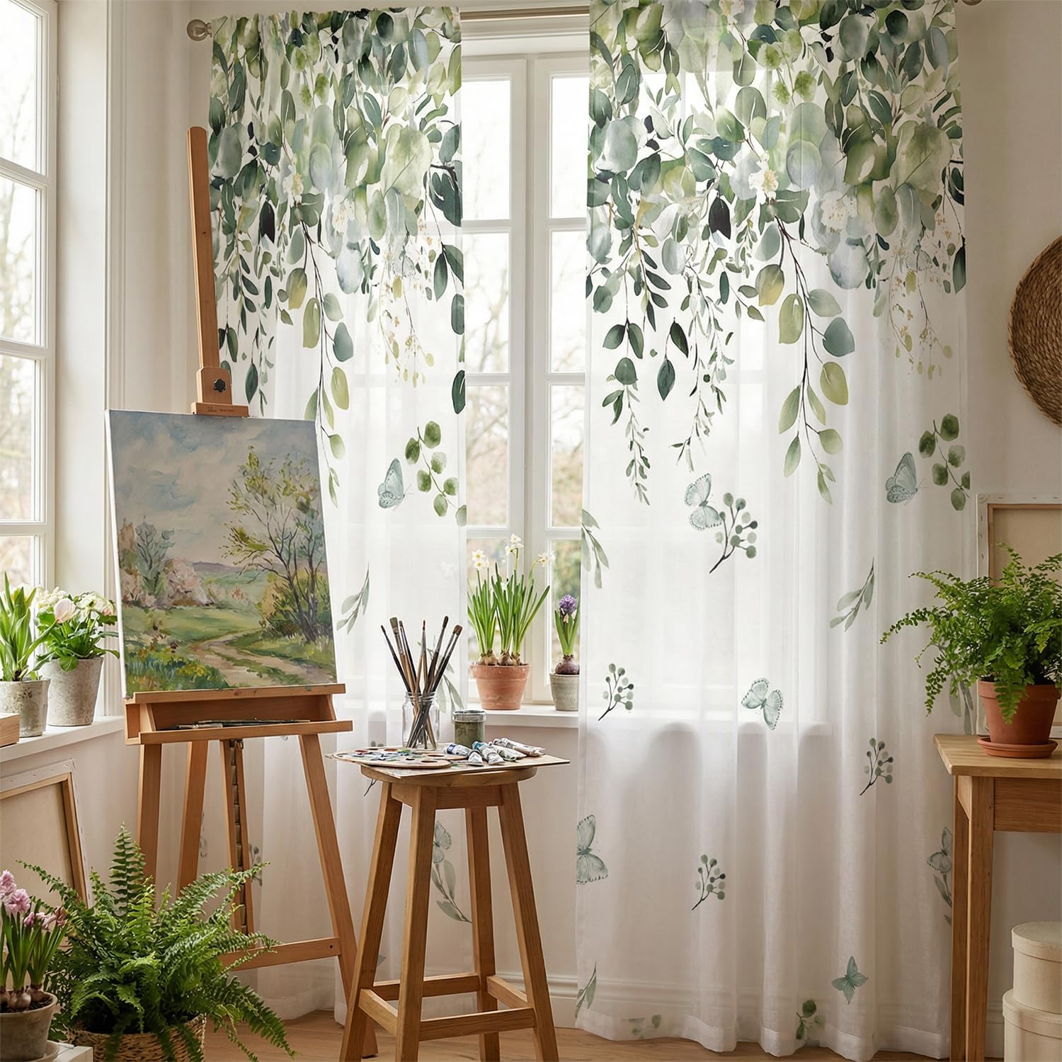 Horaldaily Eucalyptus Leaves Sheer Curtains for Living Room and Bedroom, Floral Spring Printed Window Curtains, Holiday Window Drapes Decor, 52" W x 84" L, Set of 2 Curtain Panels