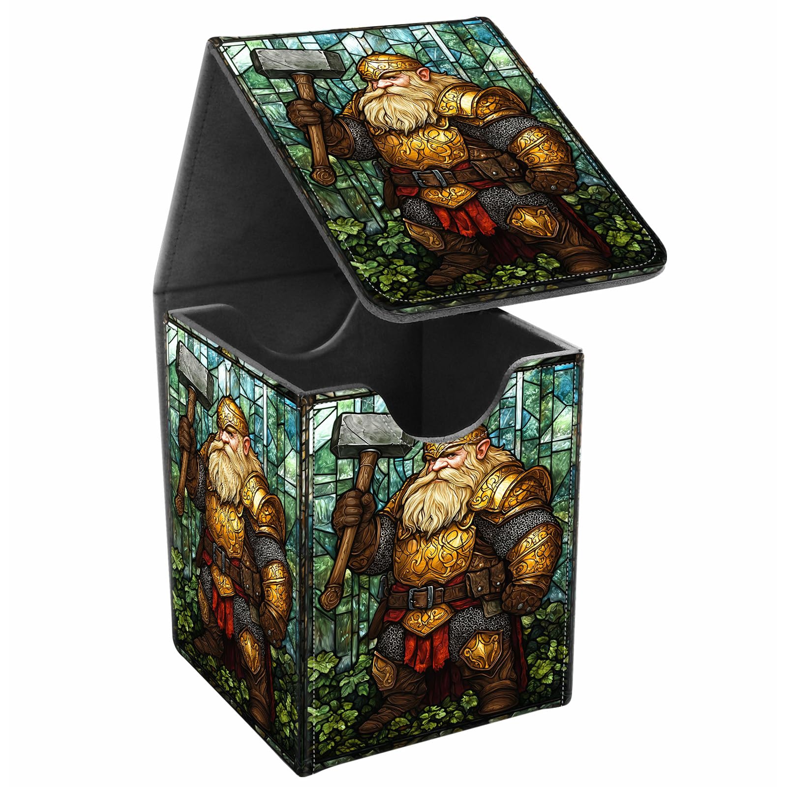 JANENFNA Card Deck Box, Card Storage Box Fits 100+ Single Sleeved Cards, Large Capacity PU Leather Card Storage Box with Strong Magnet for Magic Commander TCG/CCG, Dwarf Viking Warrior