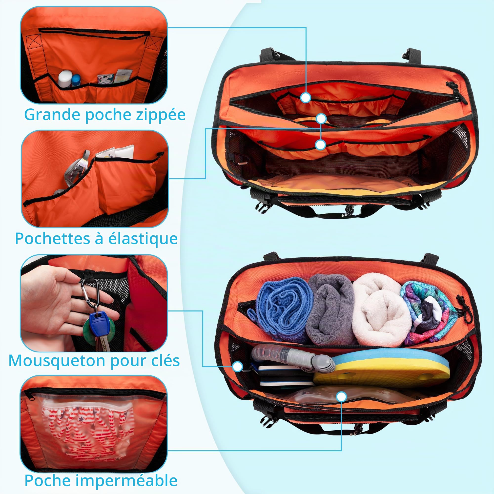 Grand Sac de Plage en Maille avec Fond Zippé, Séparation Humide/Sec, Orange | 2 couches séparées, poche imperméable translucide, 6 pochettes élastiques, 1 poche zippée, compartiment avant filet