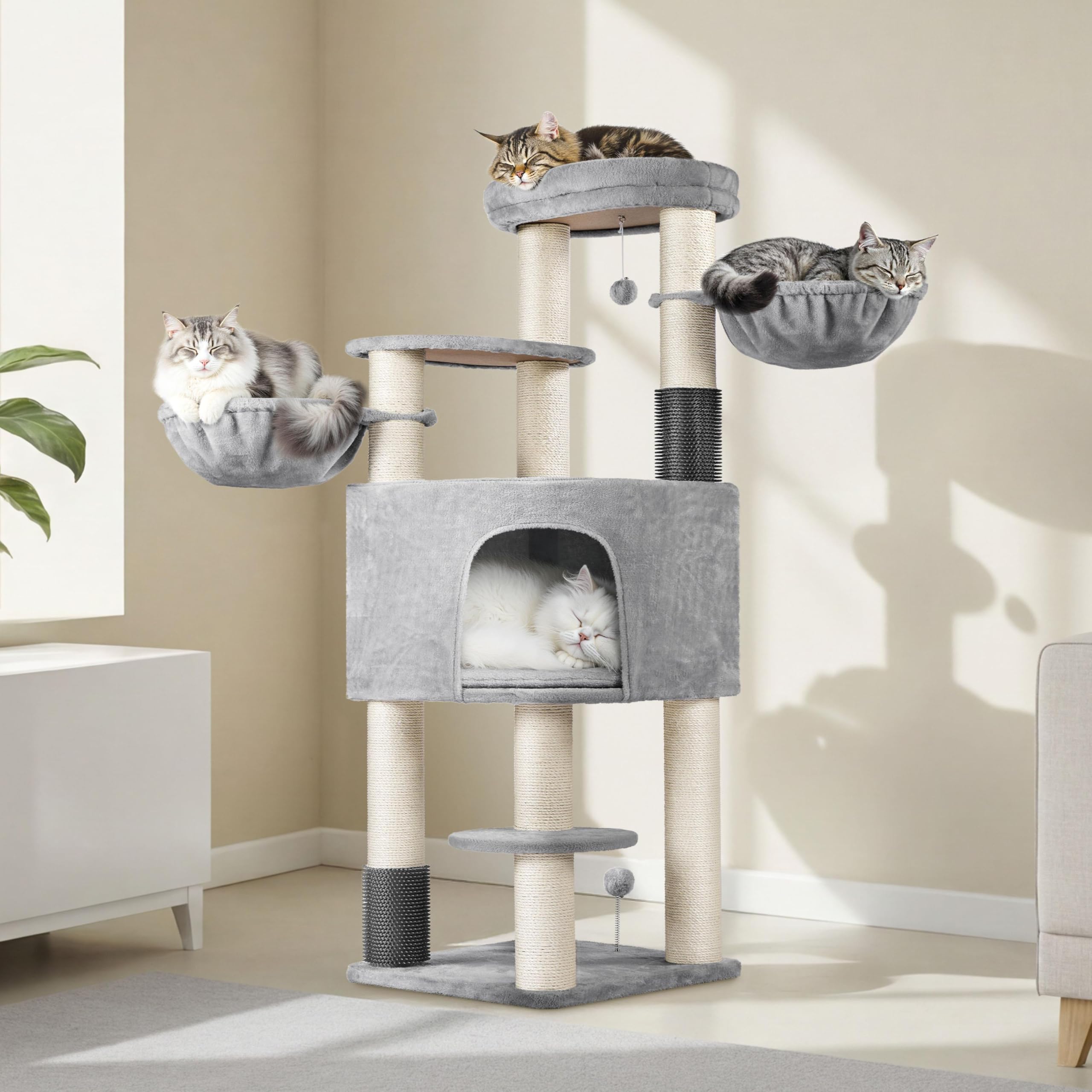 Yaheetech Grand Arbre à Chat avec Griffoirs, Niche, Paniers, Perchoir, Jouets Brosse pour Chat 25 KG, 56×56×160 cm, Poteaux en Sisal 11 cm Ø, Tour de Jeux Solide pour Les Maine Coons Gris Clair/Beige