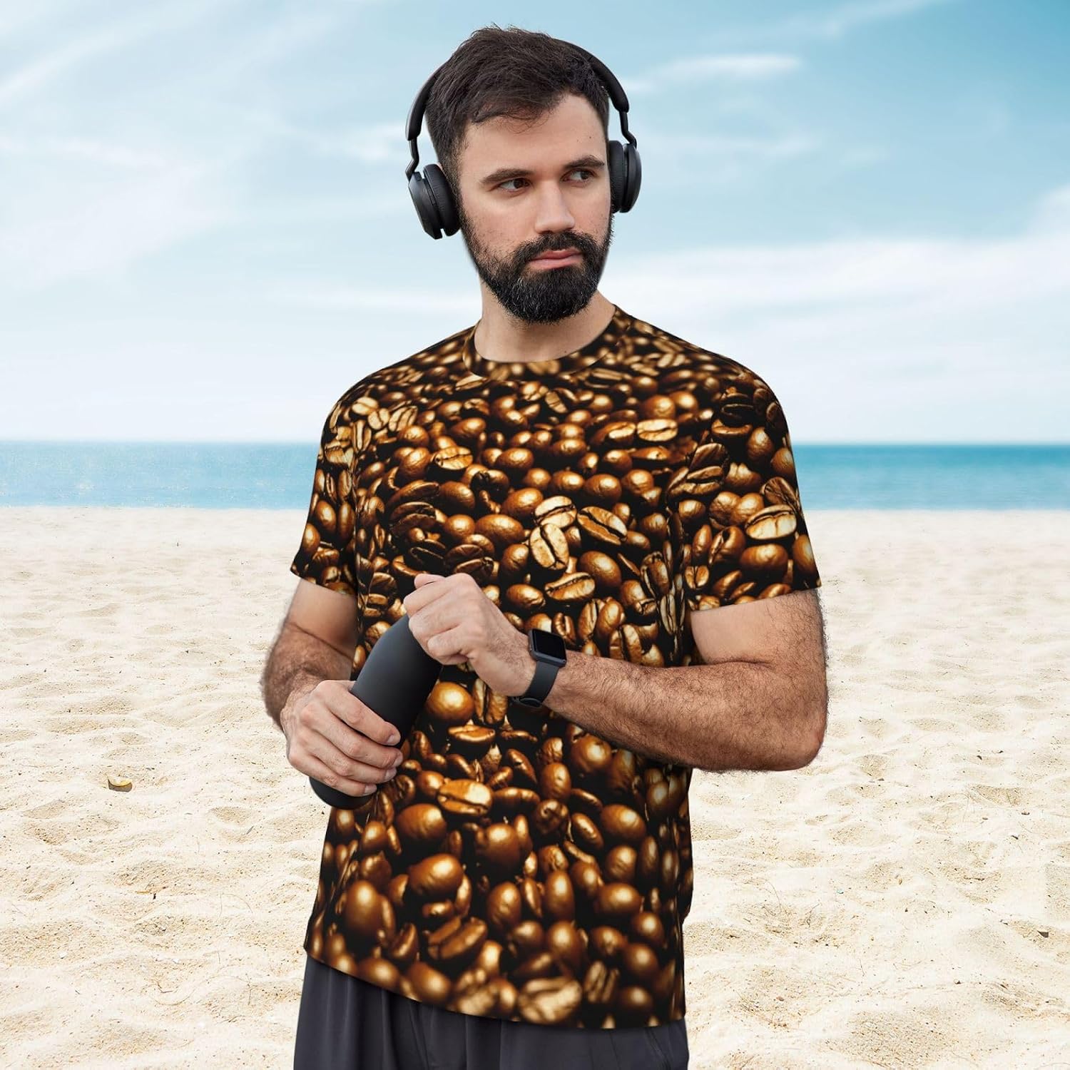 Funny Roasted Coffee Beans Print Mens Short Sleeve Mesh T-Shirt Breathable Athletic Gym Running Casual Sports Wear