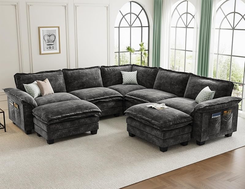 Large V-Shaped Modular Sectional Sofa, 7 Seater Cloud Couch with Ottoman