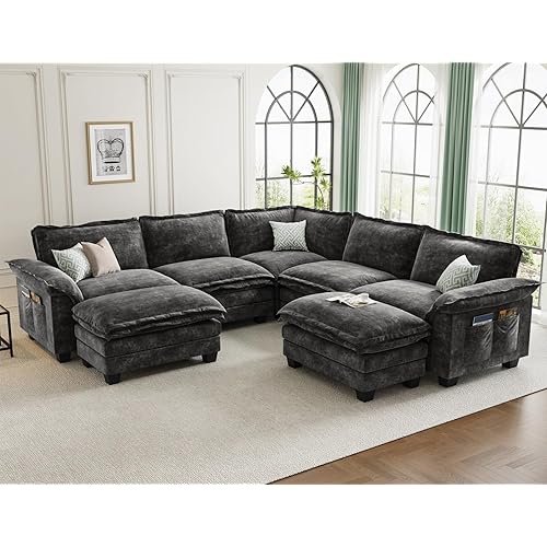 KKL Modular Sectional Sofa, Large V Shape 7 Seater Modern Sectional Couch with Ottoman, Couches for Living Room, Cloud Couches Chenille for Apartment, Home, Grey