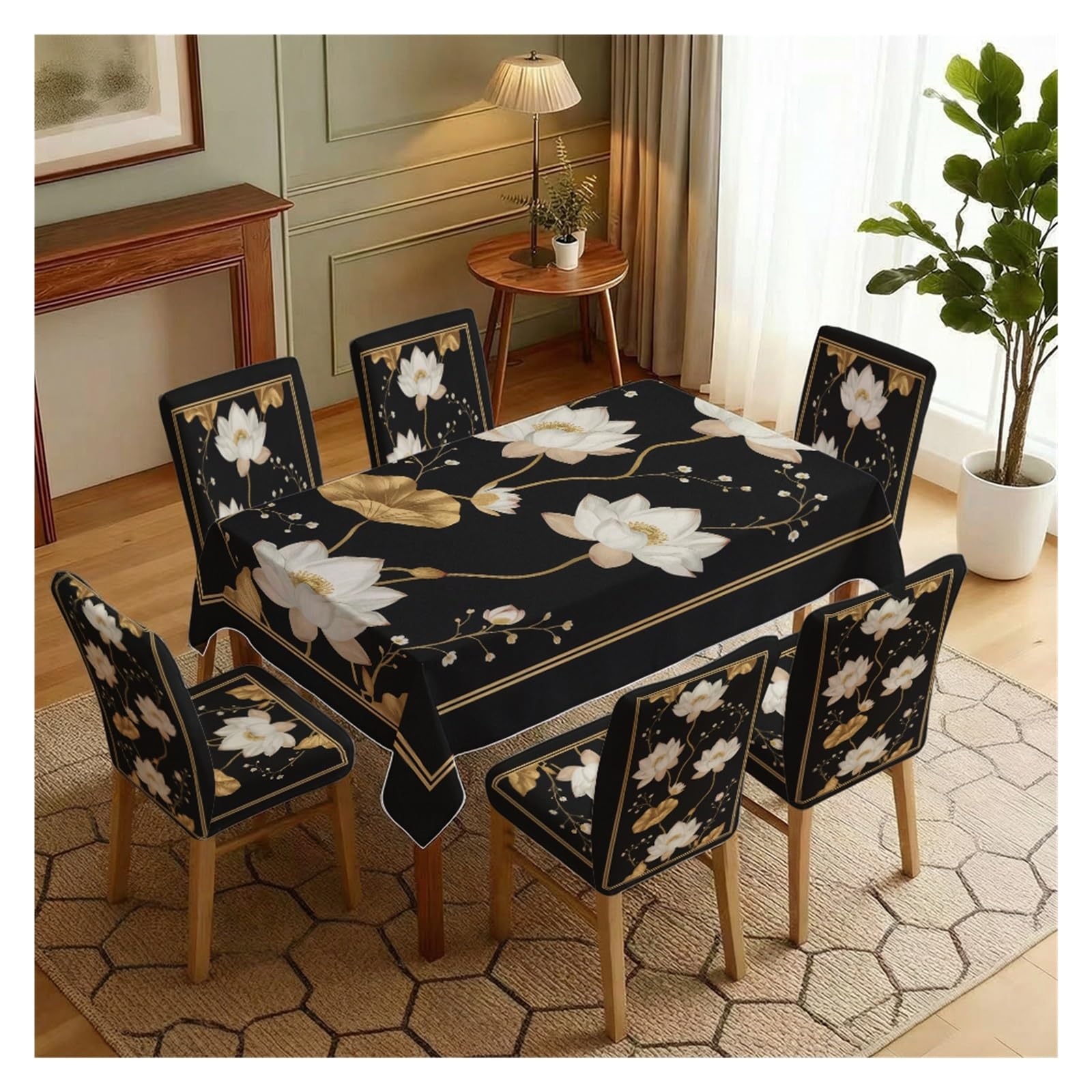 KXUAUV Stretch Dining Chair Slipcover & Tablecloth Set, Black Gold Lotus Print, 5/7 Pack, Elegant Formal Dining Room Kitchen Home Decor Party Decor(7pcs Set: Tablecloth+Chair Covers)
