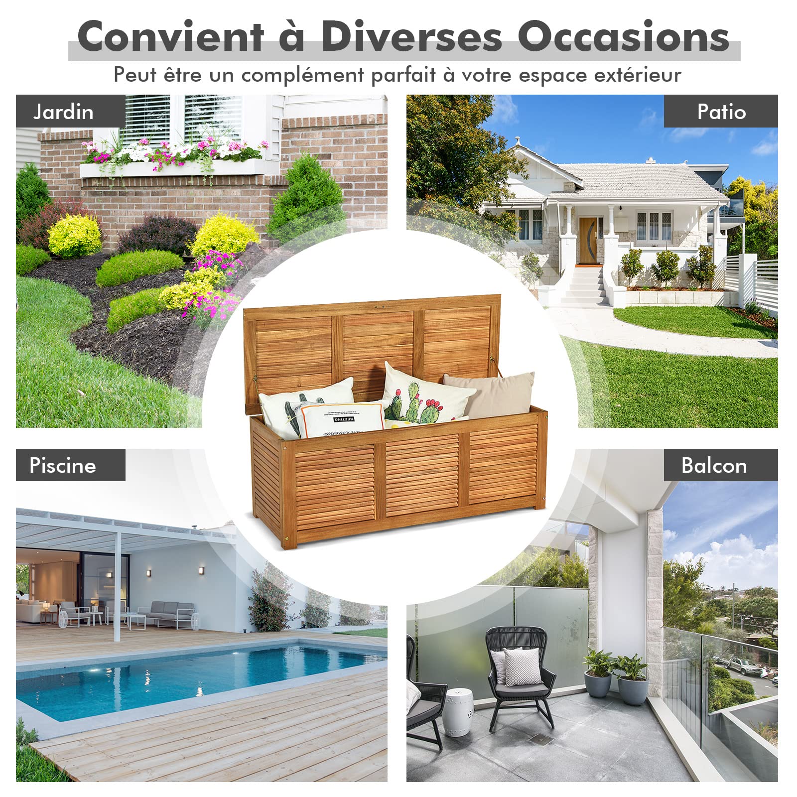 GIANTEX Coffre de Jardin Exterieur 178L, Coffre Rangement en Bois d’Acacia avec Poignée Ronde, Couvercle Rabattable, 114,5 x 41 x 38 cm, Rangement Balcon pour Terrase, Jardin