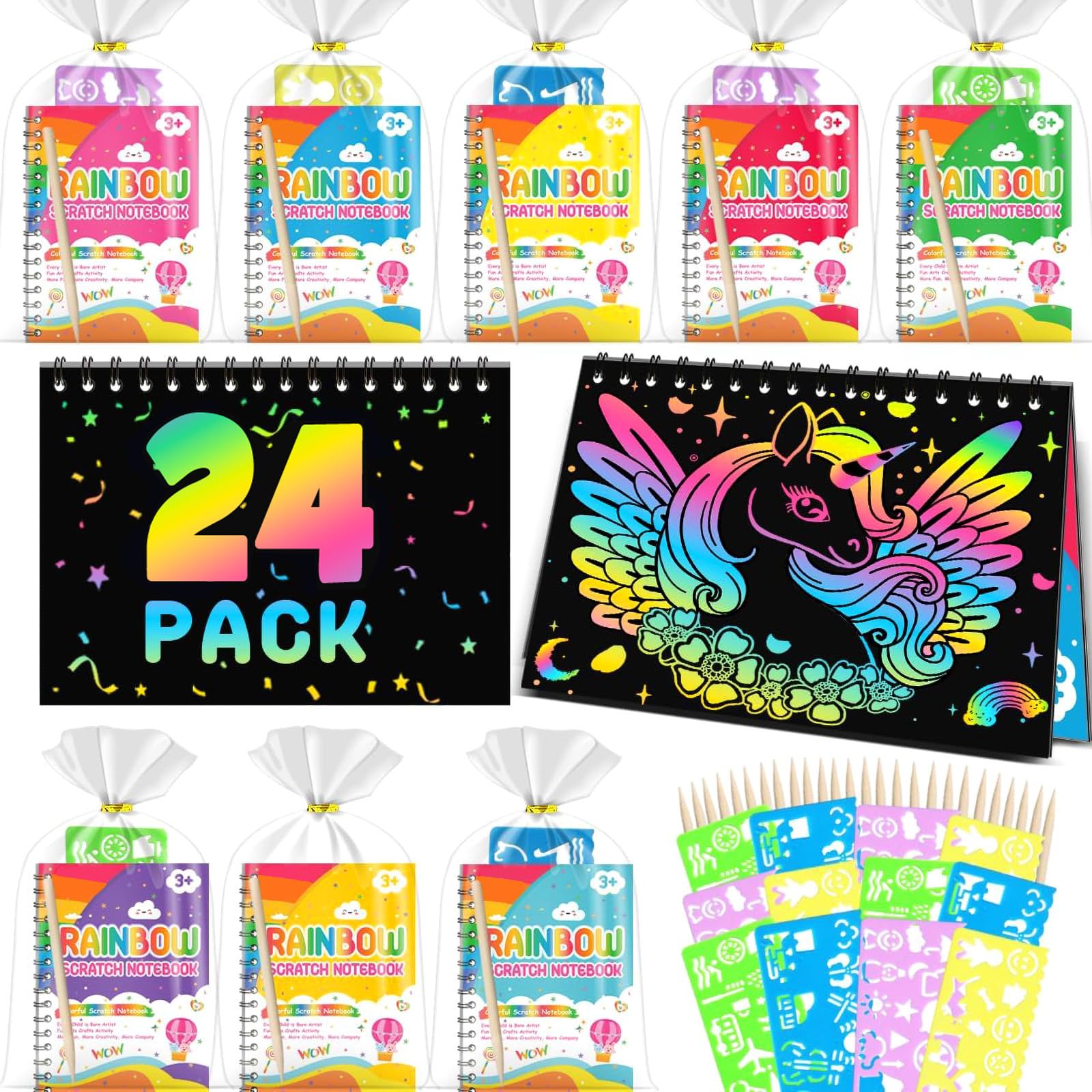 Scratch Art Bambini - Gadget Compleanno Bambini (24 pezzi) | Regalini Fine Festa Compleanno, Set con Quaderno da Grattare, Stencil e Penne in Legno, Lavoretti Creativi per 3-12 Anni