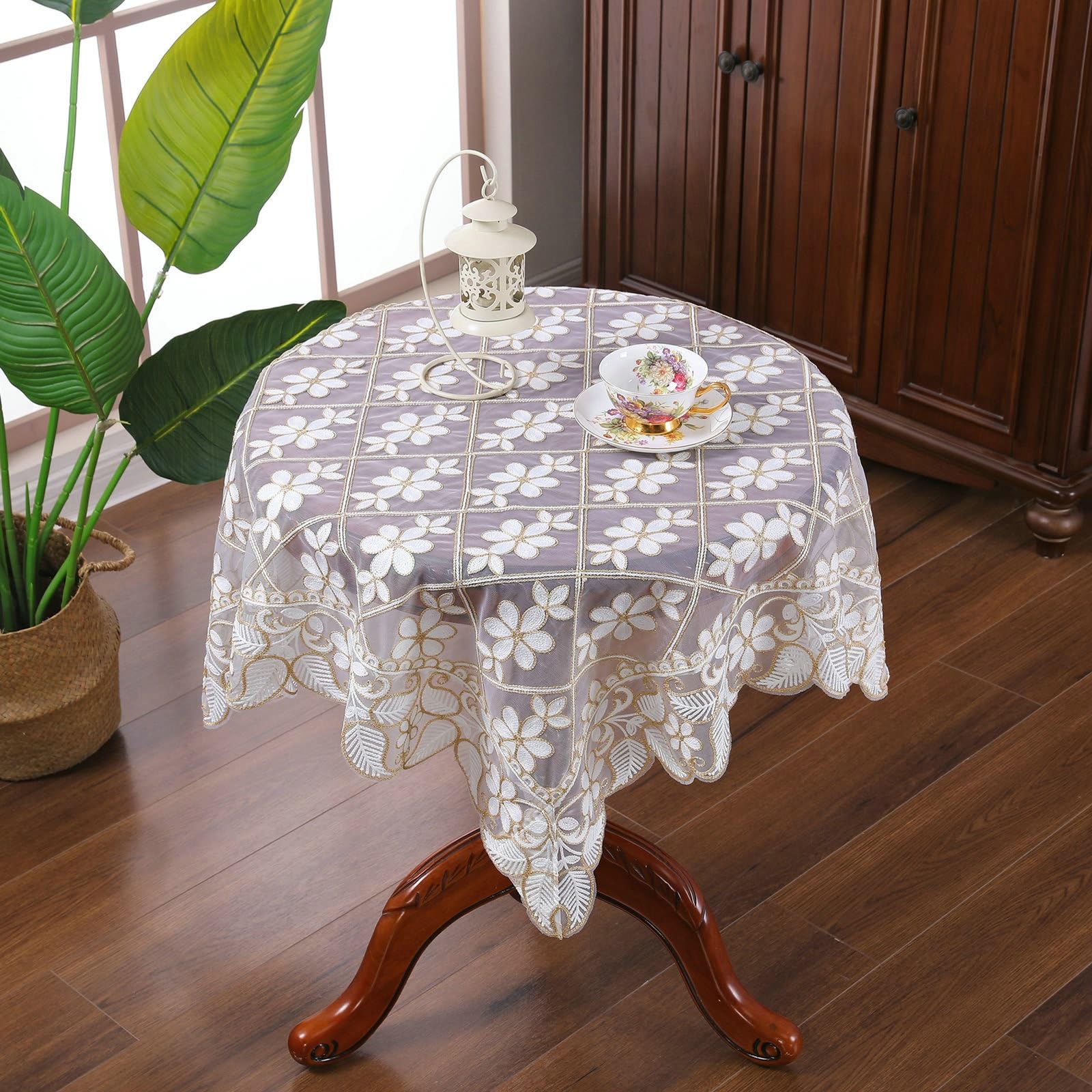 Tovaglia rettangolare bianca caffè, motivo floreale, 150 x 270 cm