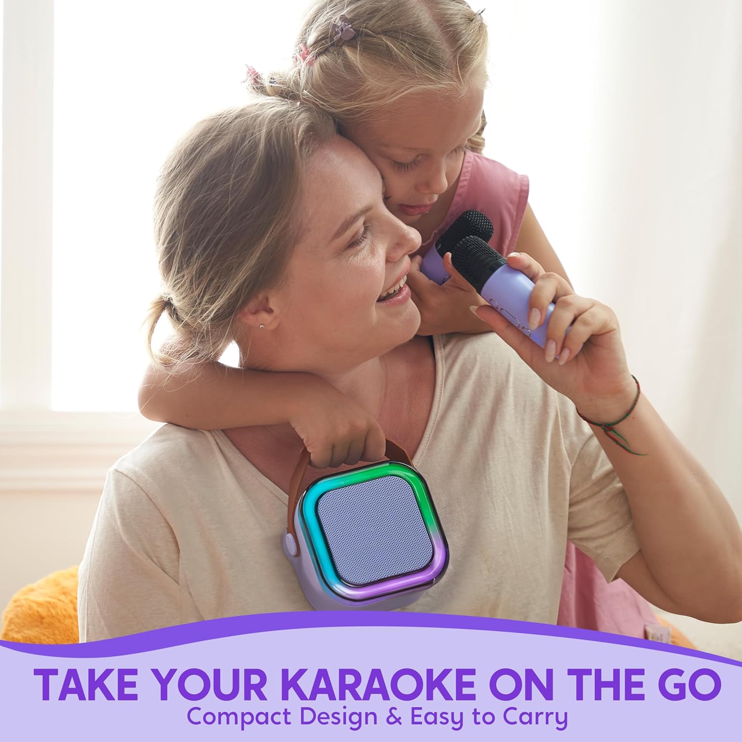 SYNCFUN Karaoke Machine, Mini Karaoke Machine with 2 Wireless Microphones for Kids and Adults, Bluetooth Speaker Toys, Birthday Girls Gift for Ages 3,4, 5, 6,7, 8,9,10,11,12+ Years Old(Purple)