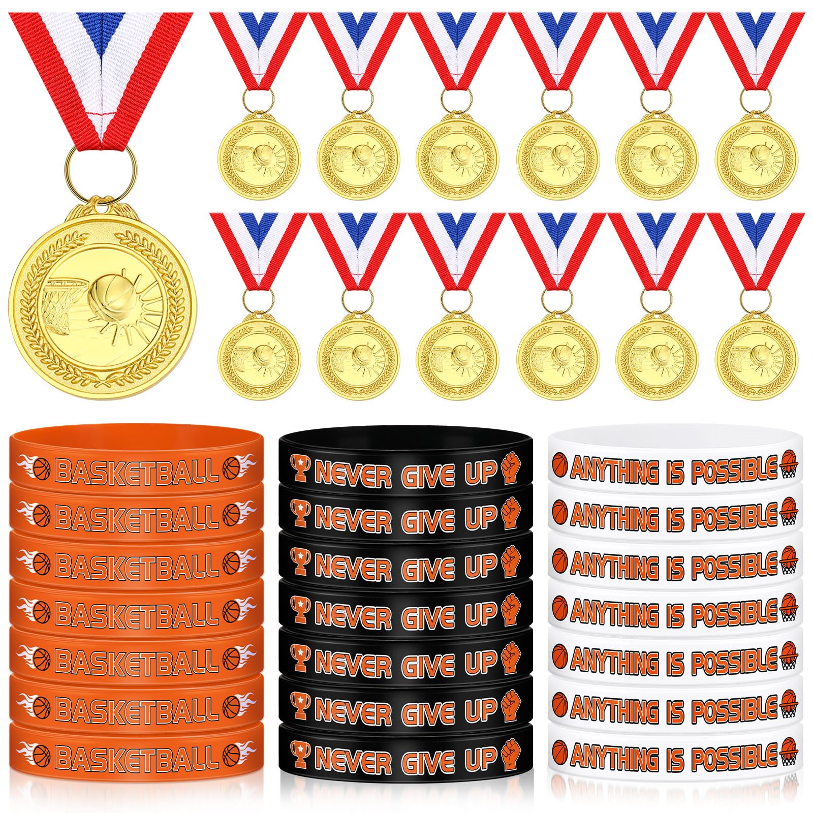 Poen 48 Pcs Basketball Medals and Basketball Silicone Wristband 24 Pcs Basketball Medals with Neck Ribbons 24 Pcs Rubber Basketball Bracelet for Kids Adults Basketball Party Favors Team Sports Gifts
