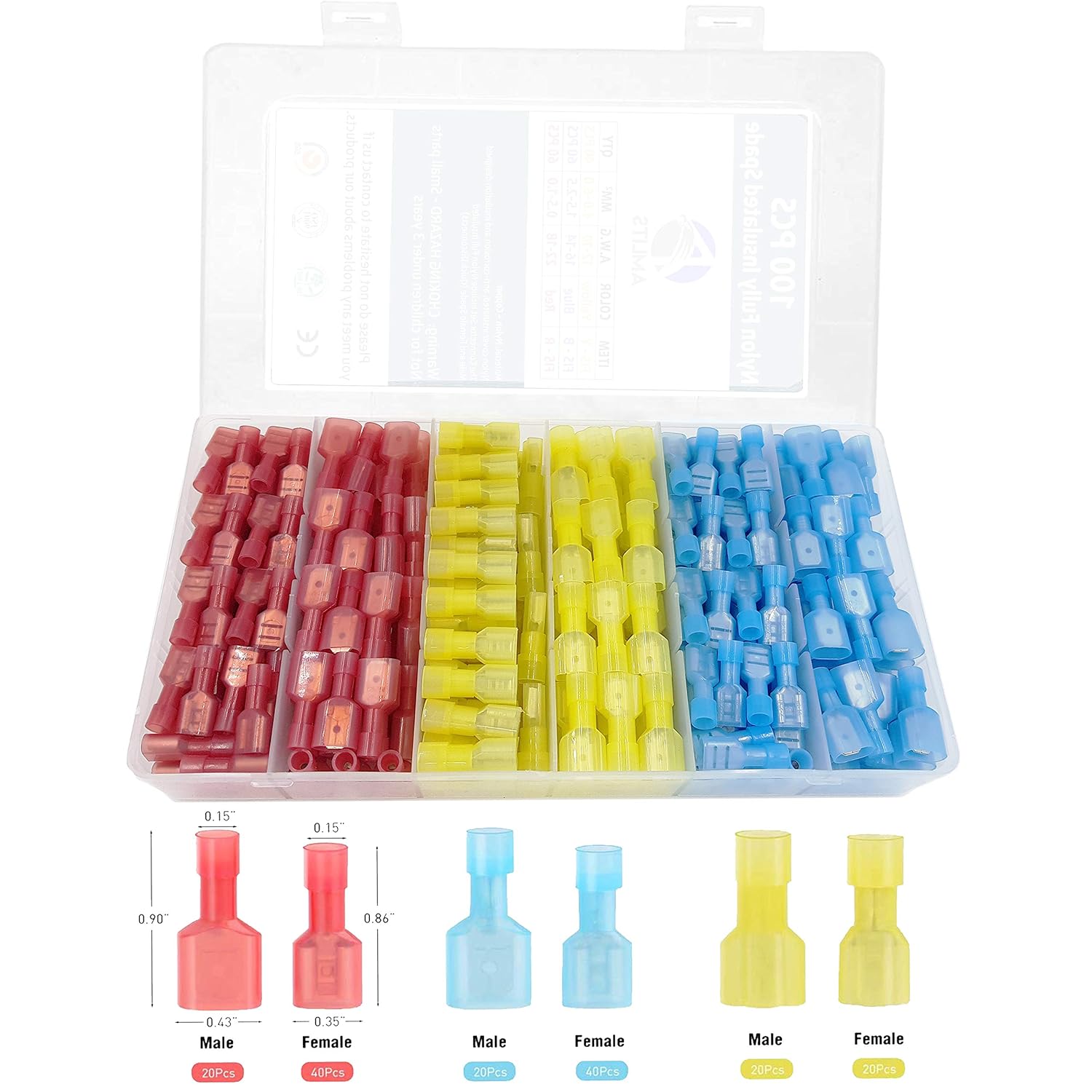 Amlits 100 PCS Fully Insulated Male & Female Spade Nylon Quick Disconnect Electrical Crimp Cold-Pressed Terminals Assortment Kit