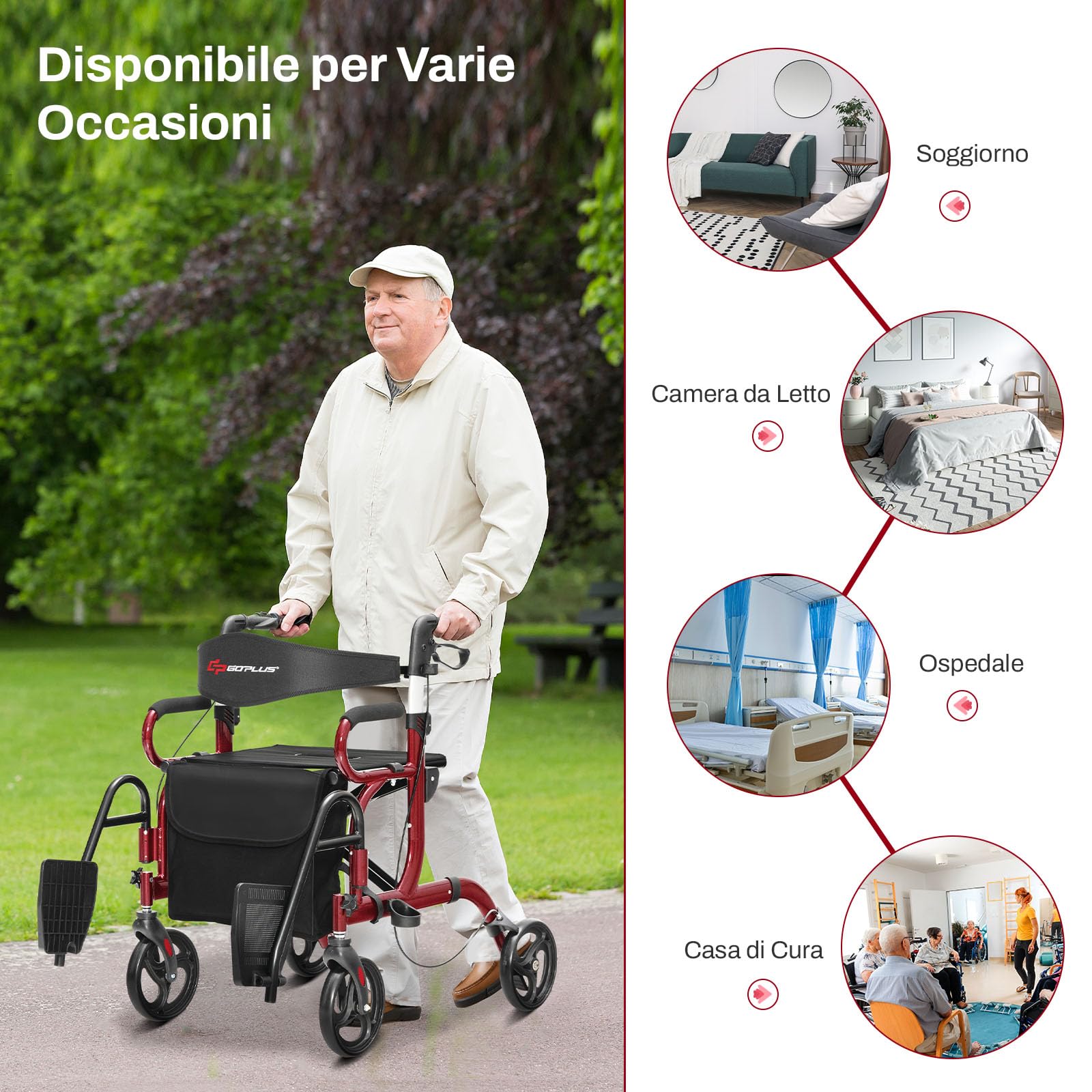 COSTWAY Deambulatore 2 in 1 per Anziani in Alluminio, Rollator Pieghevole e Regolabile in Altezza con Sedia, Schienale Reversibile, Manici Regolabili, Ruote, Poggiapiedi e Borsa Rimovibile (Rosso)