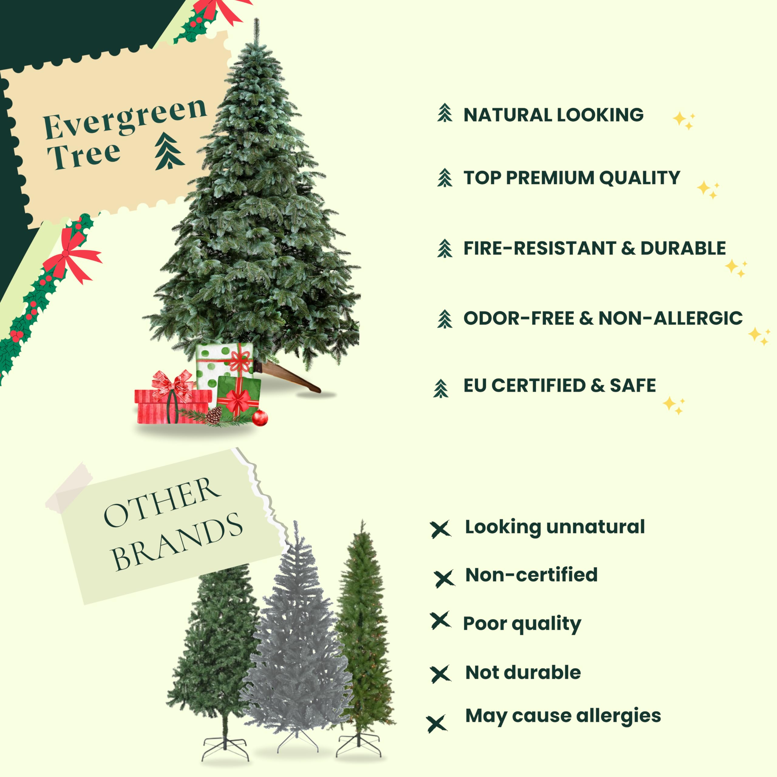 Árbol de Navidad Artificial Evergreen Tree® 180 cm - Premium Árbol de Navidad Artificial 100% Inyección de Plástico con Soporte de Madera Natural, Fabricado en la UE - Árbol de Navidad Artificial