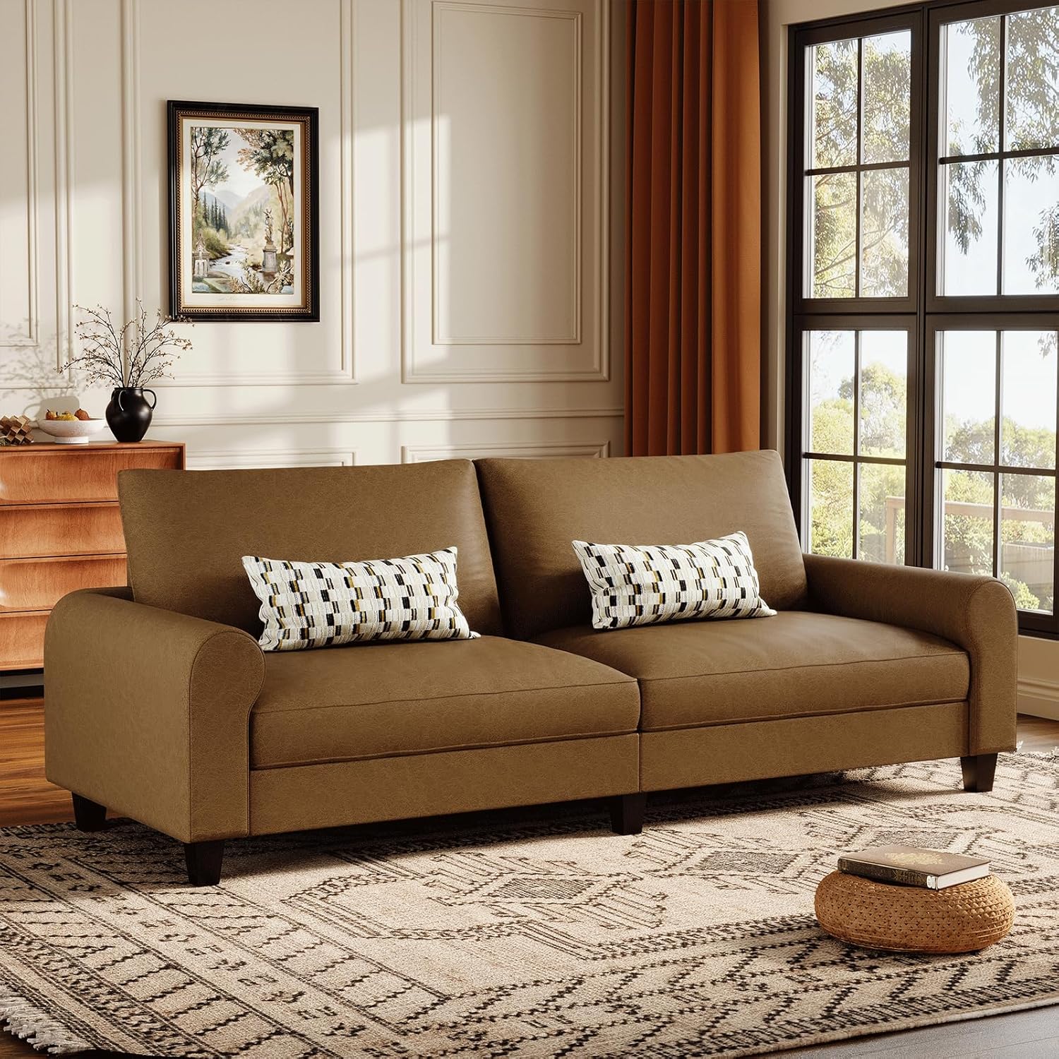 EASE MOOSE 88.5" Large Seat Faux Leather Loveseat Sofa, Waterproof and Scratch-Resistant Leather Couch, Comfy Love Seat Couches for Living Room and Small Space, Brown