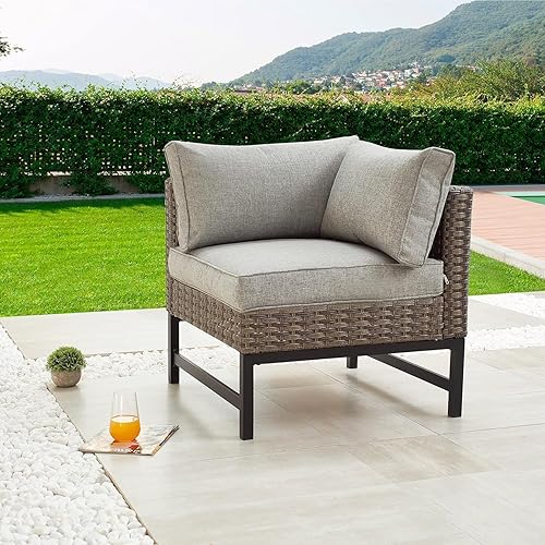 Miniatura 2 de LOKATSE HOME Outdoor Wicker Corner Sofa Patio Rattan Furniture Metal Frame Left Armrest Chair with Cushion, Grey