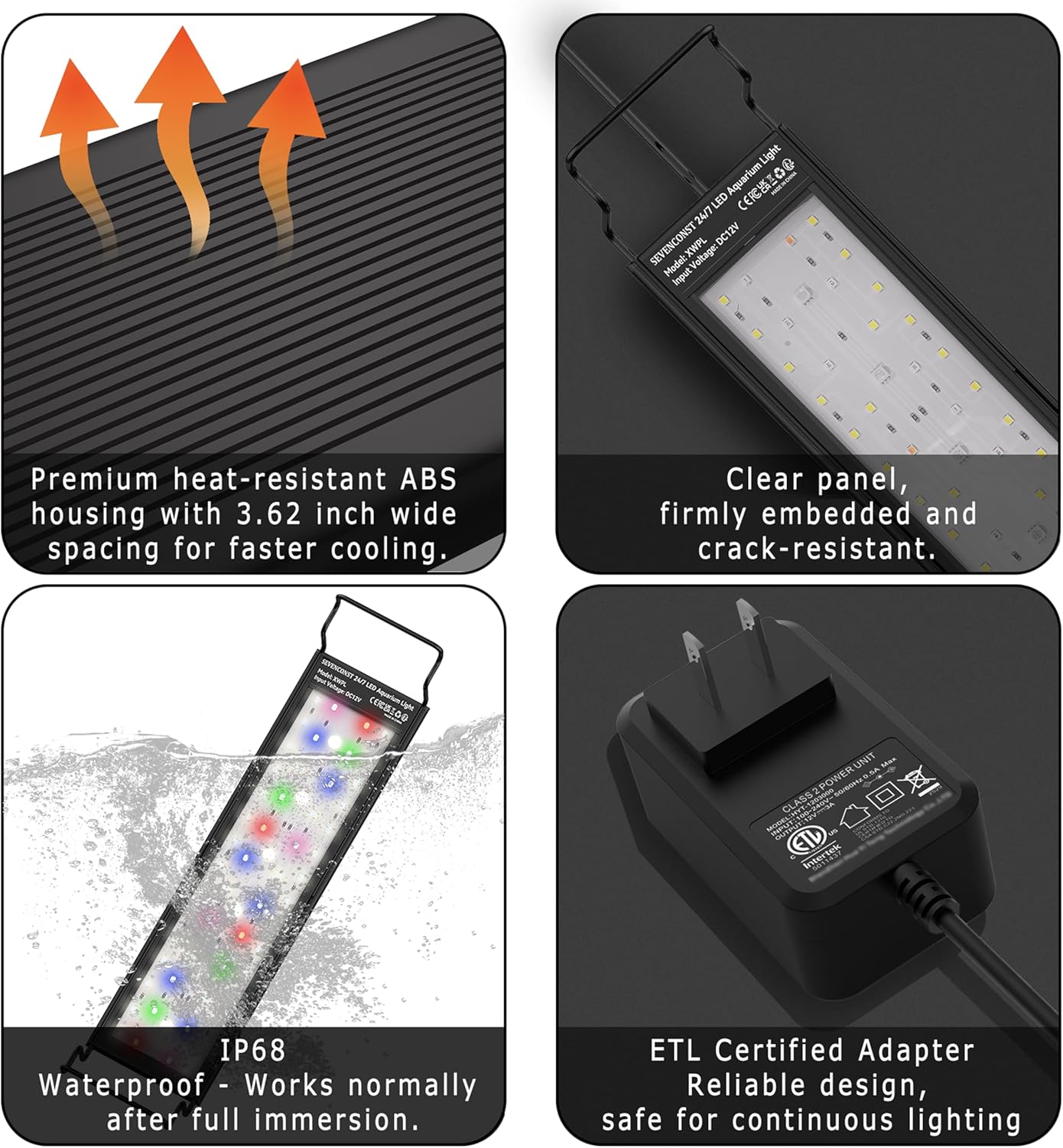 24/7 Mode LED Aquarium Light for 45-54 Inch Plant & Fish Tank, IP68 Full Spectrum Light, Sunrise-Daylight-Moonlight, White Red Green Blue Pink LEDs with Extendable Brackets for Freshwater