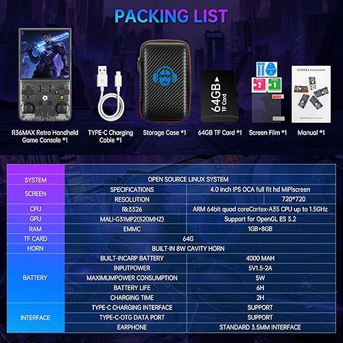 Miniatura 7 de R36MAX - Consola de juegos de mano retro, pantalla IPS HD de 4.0 pulgadas, consola de juegos retro con batería de 4000 mAh, consola de videojuegos