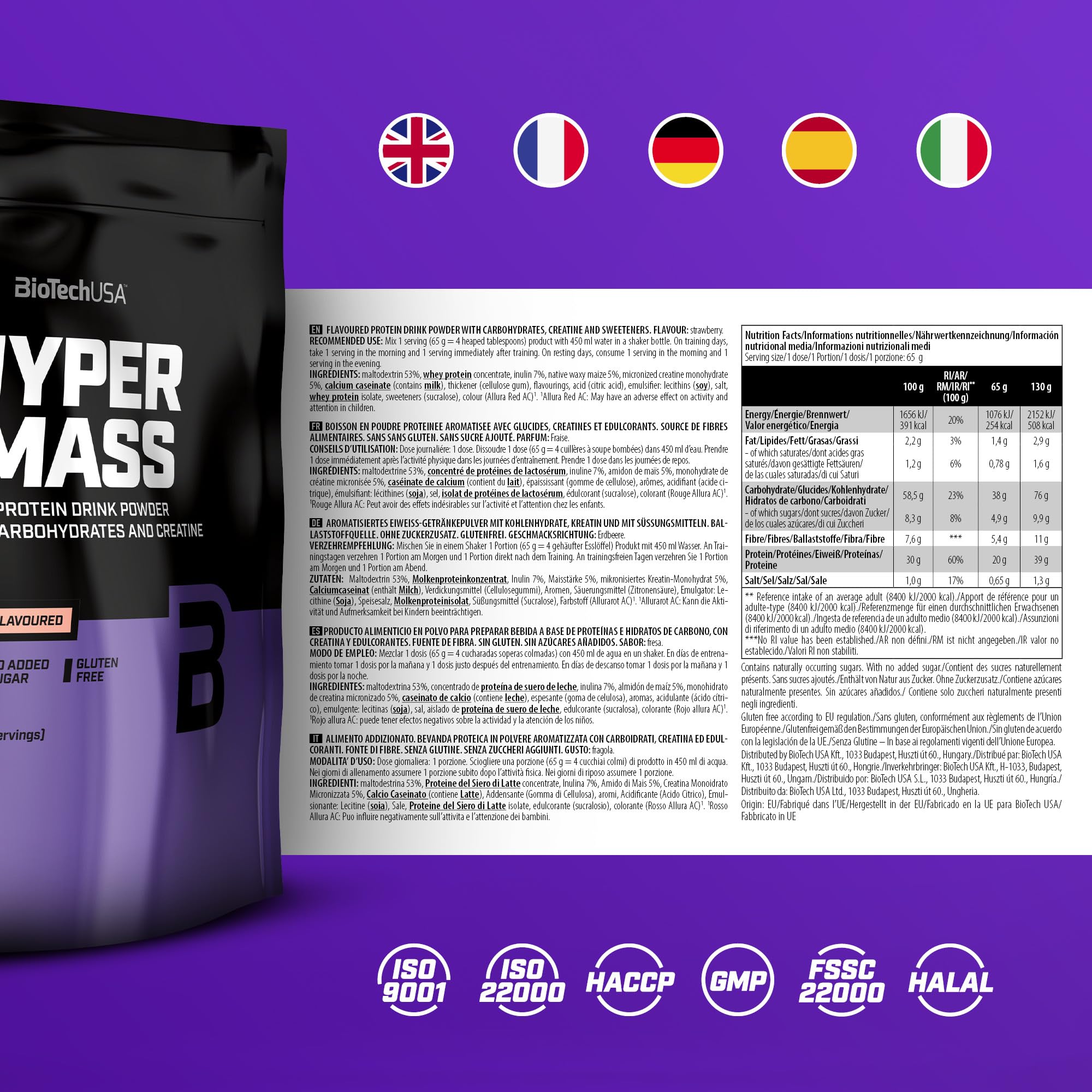BioTechUSA Hyper Mass | Prise de masse avec mélange de glucides et de protéines | Créatine micronisée | Sans gluten, 1 kg, Fraise