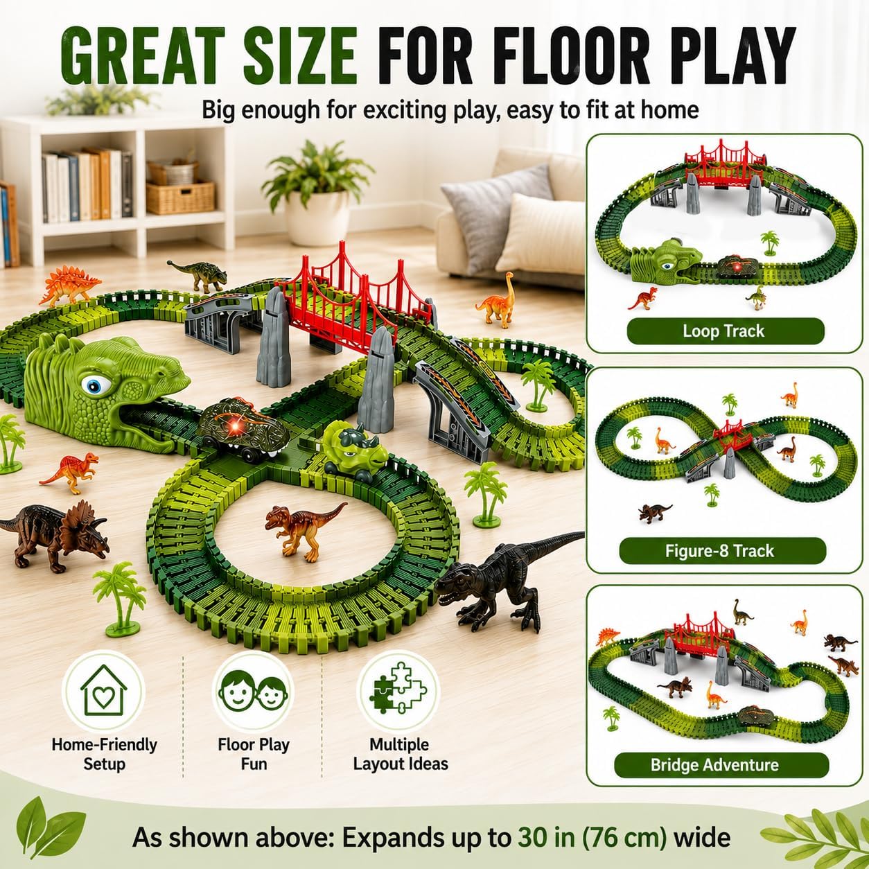 Dinosaur Race Track Toy, 222PCS Flexible Track Set with 2 Light-Up Cars image 3