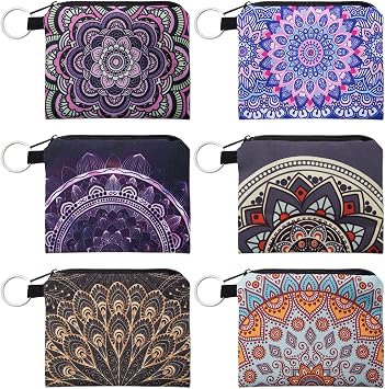 6 Pieces Mini Canvas Coin Purse Small Purses with Zip Mini Purse Bags Small Coin Purses for Women Canvas Mini Coin Purse for Cards, Keys, Cash 6 Mandala Themes