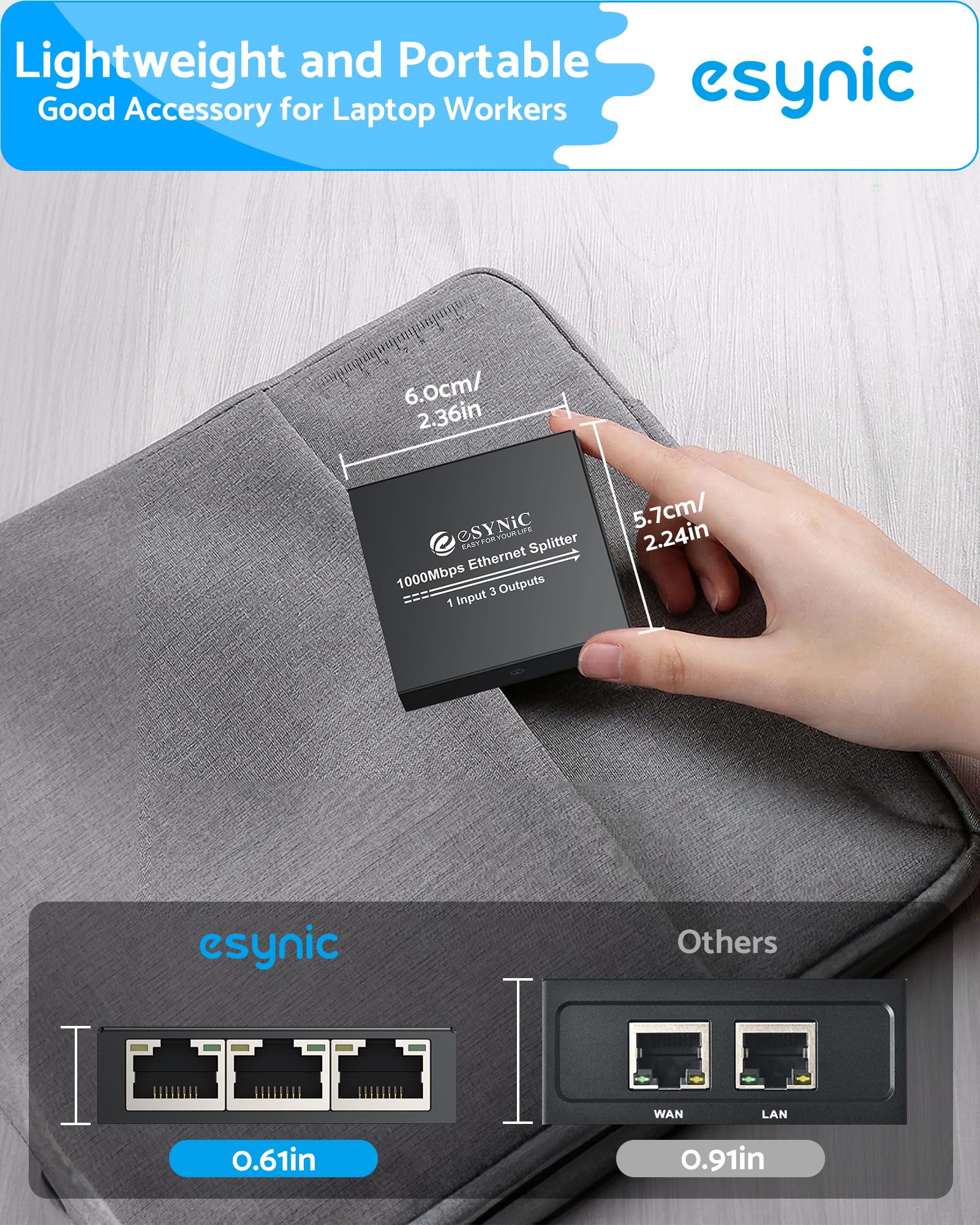 eSynic Szybki rozdzielacz Ethermet 1 do 3 przenośny rozdzielacz sieciowy USB C Rj45 z 1 kablem Ethernet metalowy rozdzielacz kabli internetowych obsługuje Cat8, 7, 6, 5 i 5e do ADSL, koncentratorów