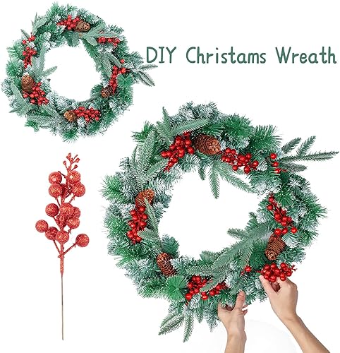 Vista 12 de Crafare Paquete de 24 tallos de bayas con purpurina de Navidad artificiales para relleno de árbol de Navidad, coronas, manualidades, decoración