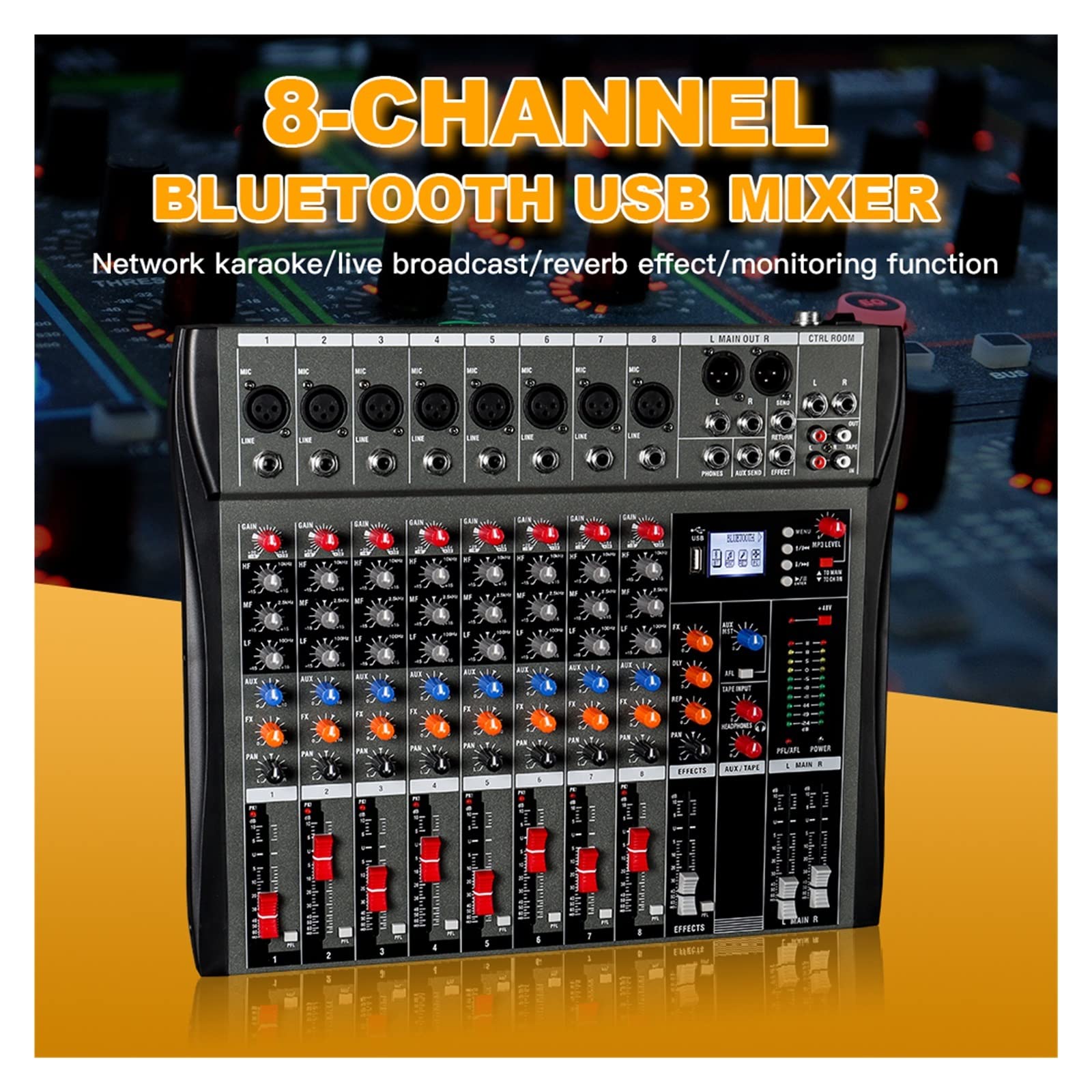 Mezclador de Audio Mezclador profesional 8 canales USB Efecto 48V Phantom Power Grabación Conferencia Etapa Fiesta Consoel
