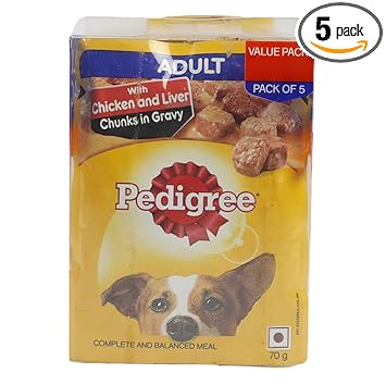 Pedigree Adult Wet Dog Food with Chicken & Liver Chunks in Gravy, 70g (Pack of 5)