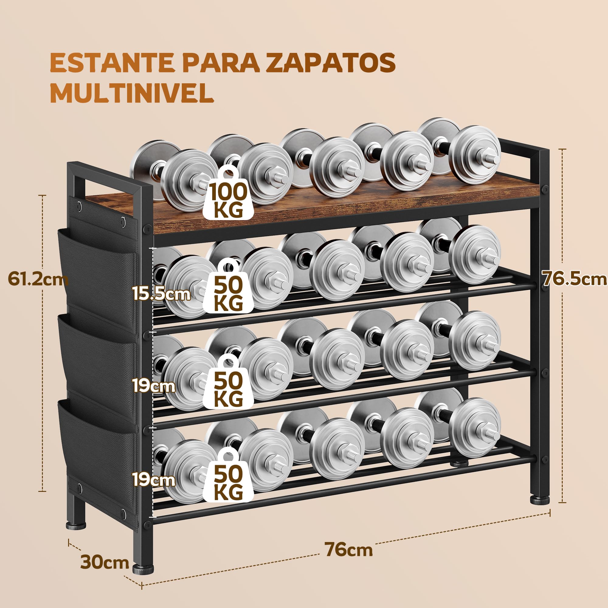 Zapatero Estrecho 4 Niveles para 12-16 Pares, Zapatero metalico Madera sólido y fácil de Limpiar, Zapatero Entrada recibidor con Bolsillos Laterales, 30 x 76 x 76,5 cm, para Entrada y Pasillo