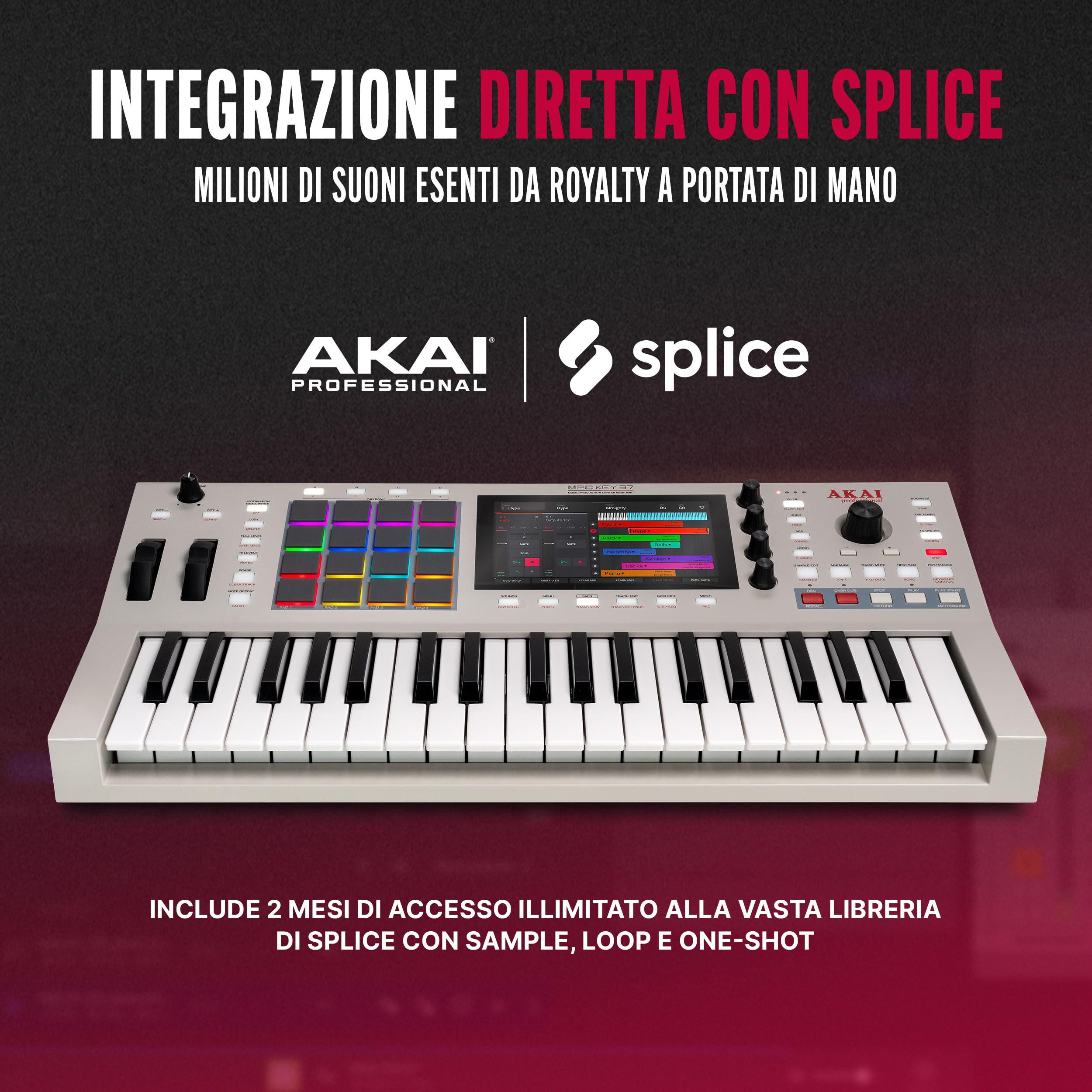 Akai Professional MPC Key 37 G2 Tastiera di produzione standalone Next-Gen | Sintetizzatore per producers, sampling & sequencing, con USB-C, 37 tasti, 16 pad MPC, processore 8-core, 4 GB RAM