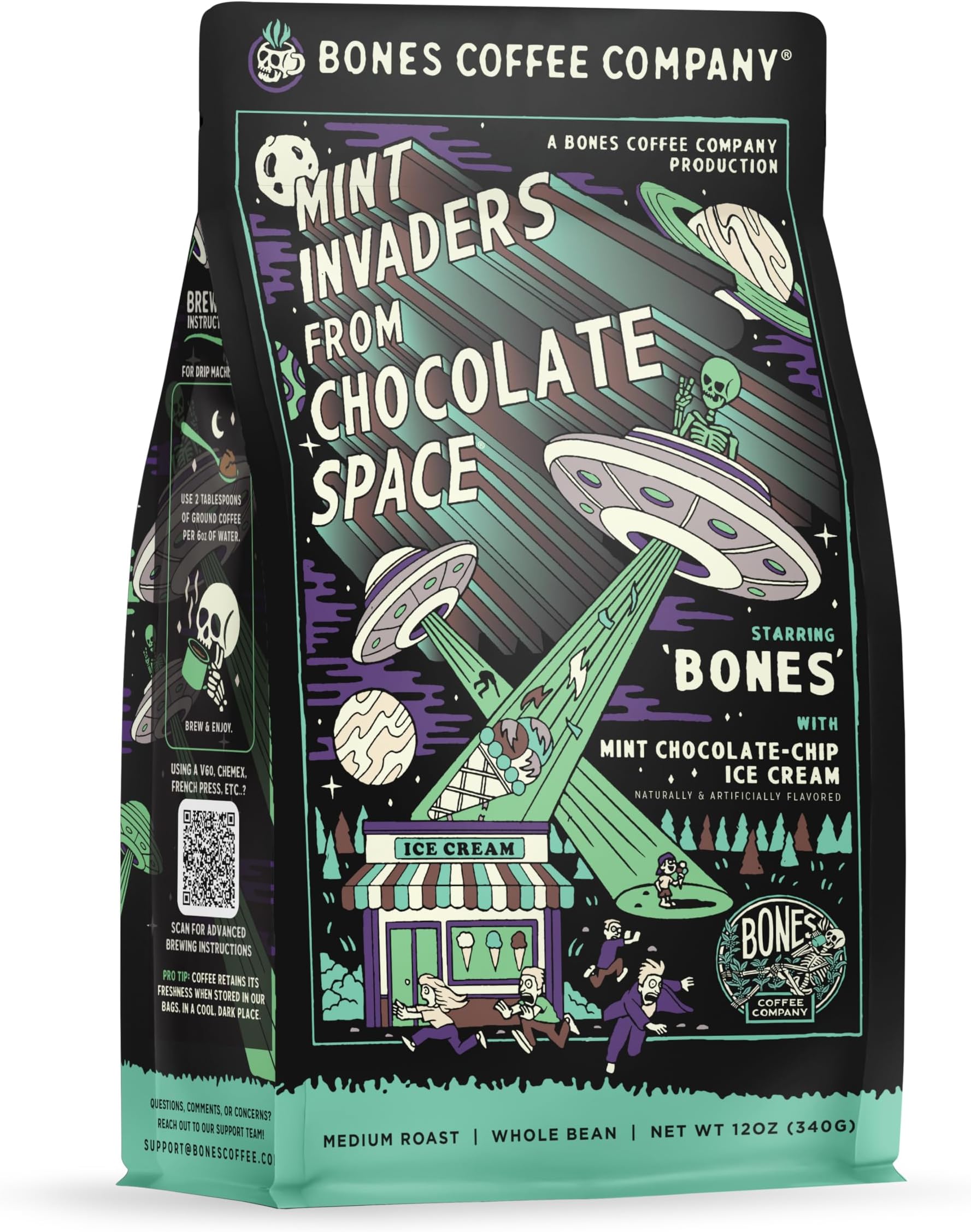 Bones Coffee Company Mint Invaders, Mint Chocolate Chip Flavored Coffee, Medium Roast Low Acid Arabica Beans Compatible with Auto drip and French Press Coffee Maker, 12 Oz Whole Bean