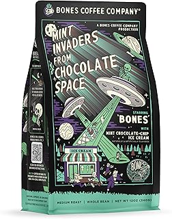 Mint Invaders, Mint Chocolate Chip Flavored Coffee, Medium Roast Low Acid Arabica Beans Compatible with Auto drip and French Press Coffee Maker, 12 Oz Whole Bean