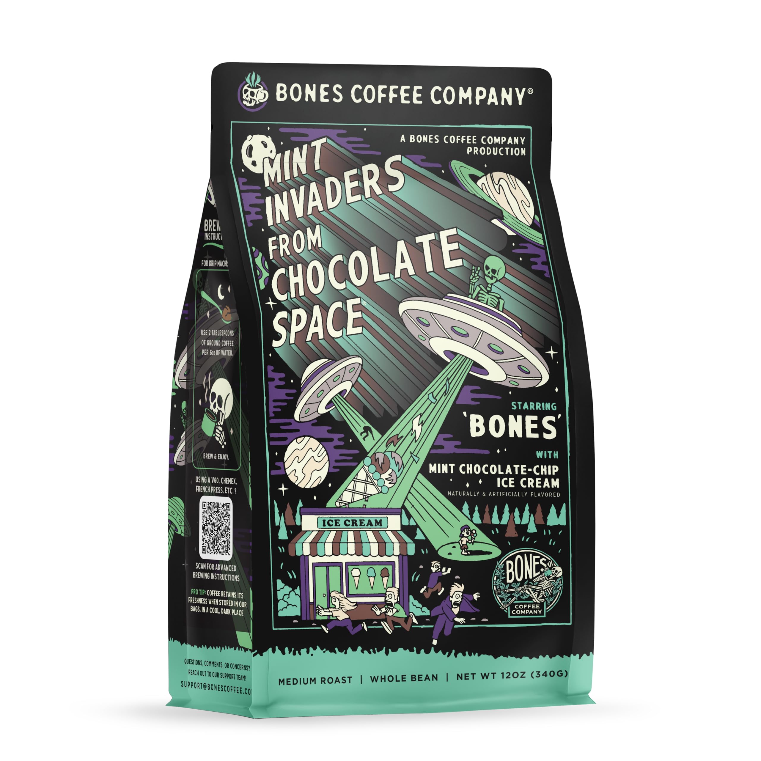 Bones Coffee Company Mint Invaders, Mint Chocolate Chip Flavored Coffee, Medium Roast Low Acid Arabica Beans Compatible with Auto drip and French Press Coffee Maker, 12 Oz Whole Bean