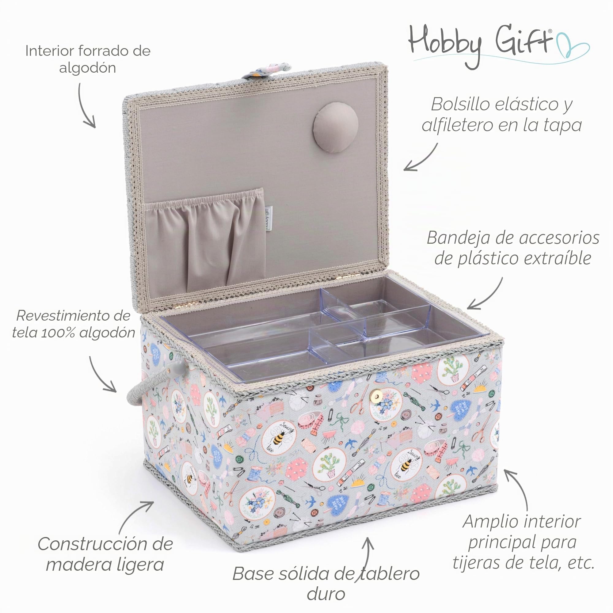 Hobby Gift Caja de Costura Grande con Asa, Cesta de Algodón para Almacenaje de Costura, Organizador con Compartimentos, 23,5 x 31 x 20 cm, Hecho en casa