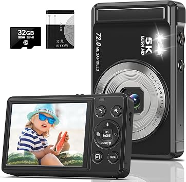 5K 72MP Digital Camera - with 16X Zoom Autofocus Point and Shoot Digital Camera, 2.8" Screen Compact Portable Vlogging Camara with 32GB Card for Teens Boys Girls