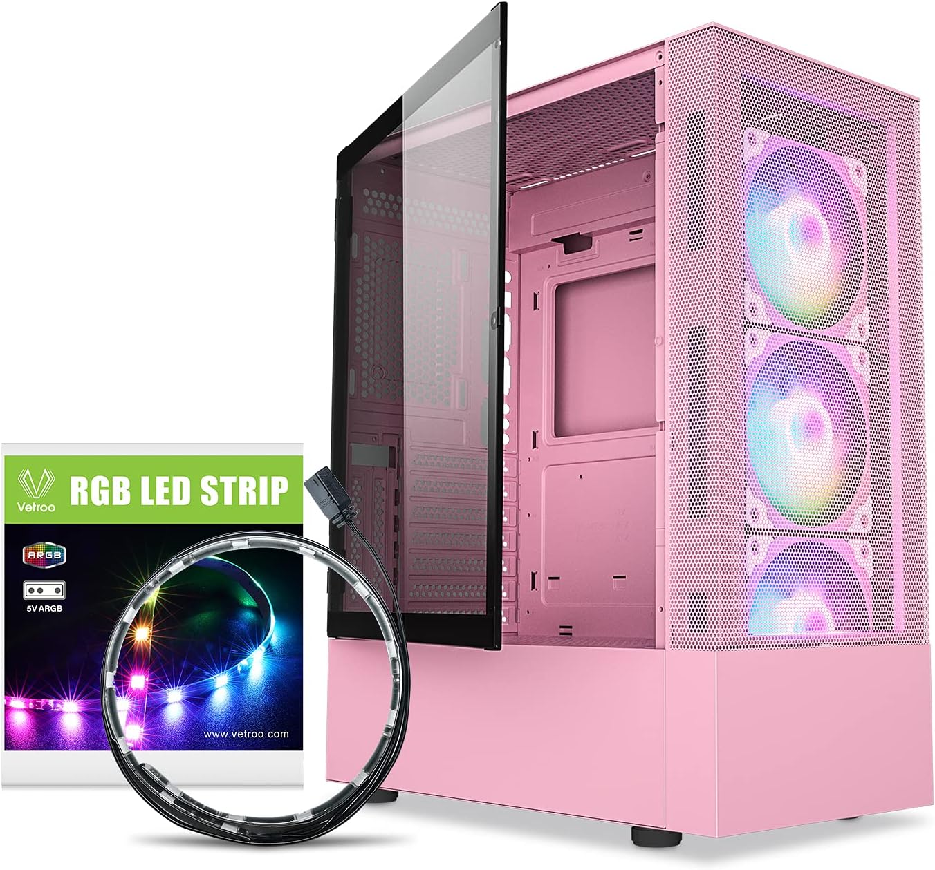 Vetroo A03 Mid-Tower ATX Gaming Pc Case + ARGB LED Lighting Strip for Pc Case, Pre-Installed 3X ARGB PWM Fans, High Airflow Tempered Glass Side Panel