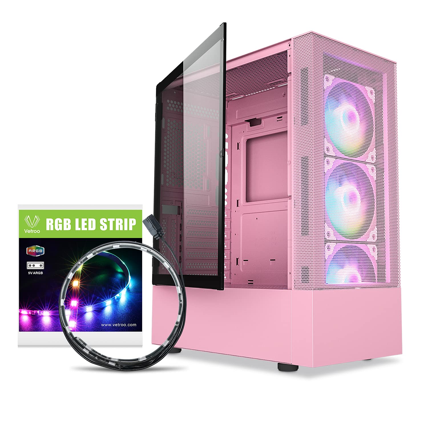 Vetroo A03 Mid-Tower ATX Gaming Pc Case + ARGB LED Lighting Strip for Pc Case, Pre-Installed 3X ARGB PWM Fans, High Airflow Tempered Glass Side Panel