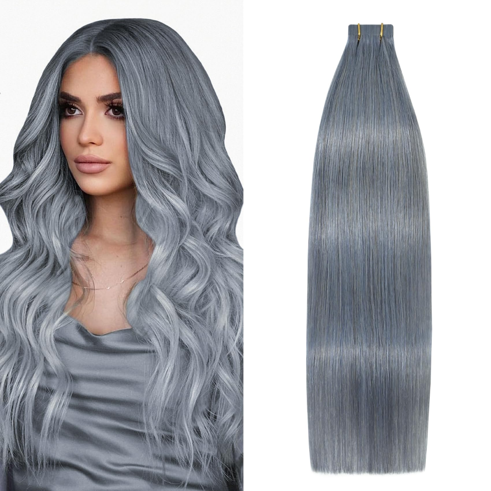 Aison Silver Gray Tape in Hair Extensions Real Human Hair Extensions Silky Straight for Women 20 Pcs/Package(16Inch 30g)