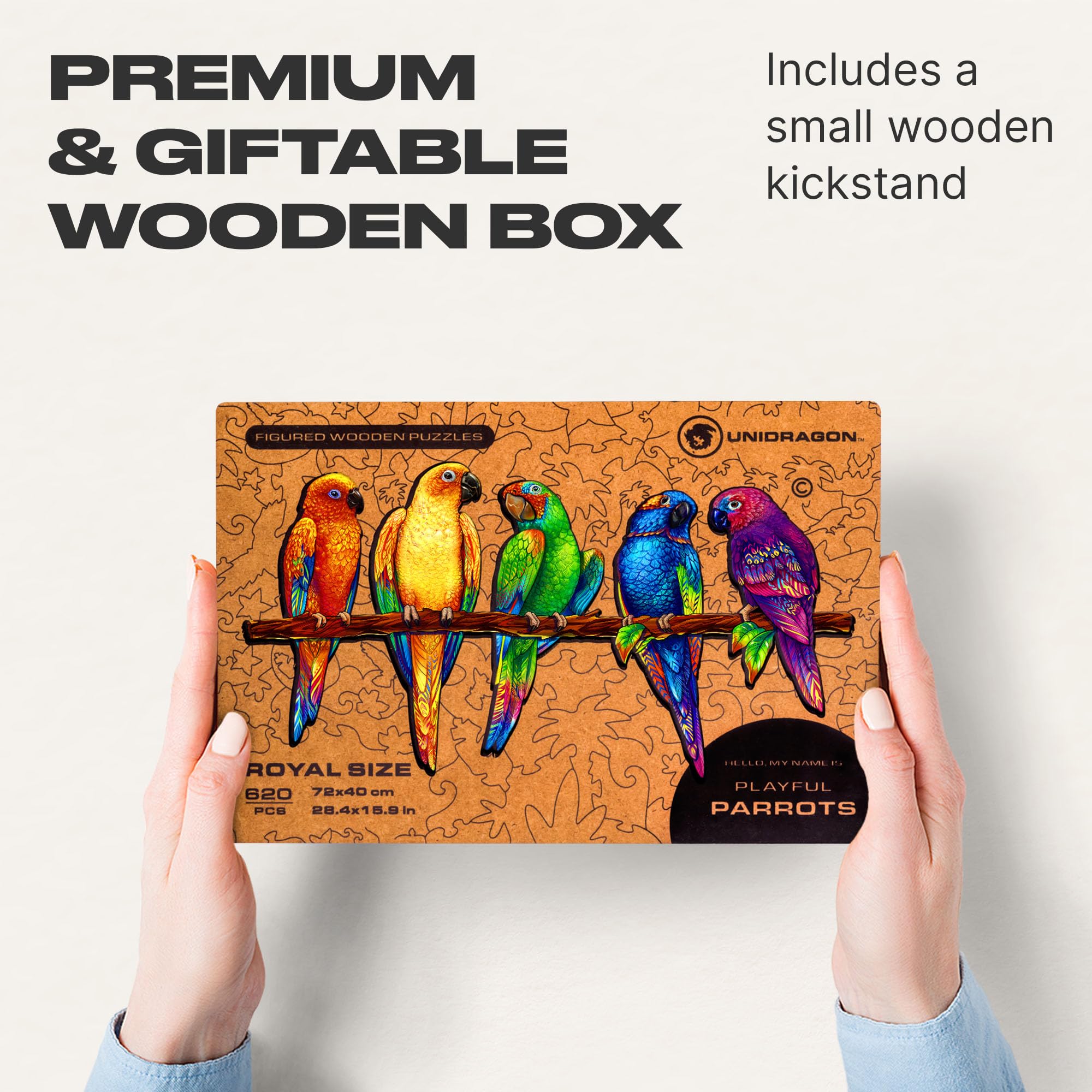 UNIDRAGON Oryginalne drewniane puzzle — zabawne papużki, 620 skrzydeł, królewski rozmiar 28,4 x 15,9 cala (72 x 40 cm) piękne opakowanie prezentowe, unikalny kształt najlepszy prezent dla dorosłych i