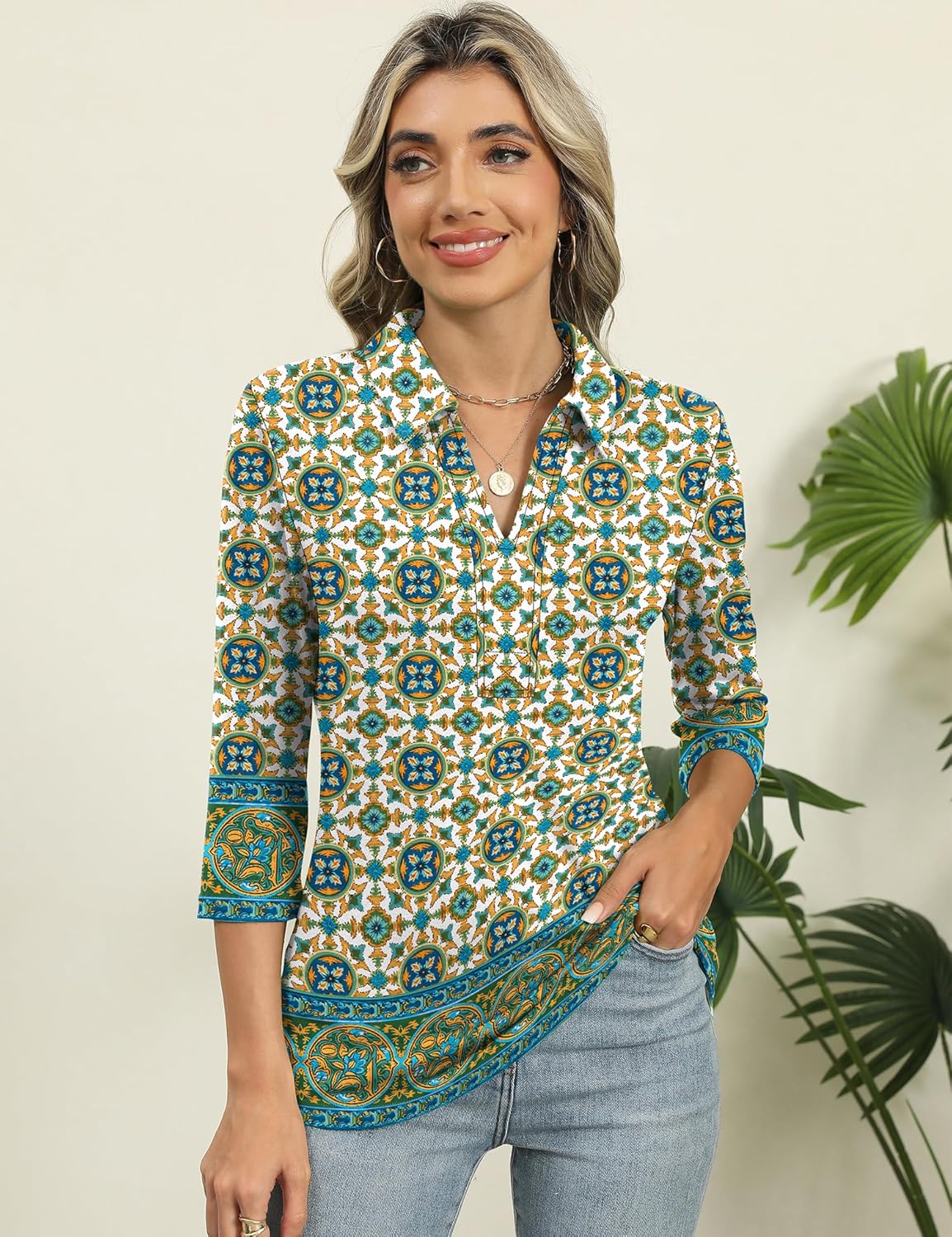 ZHENWEI Women's 3/4 Length Sleeve V-Neck Collared Tops Summer Business Casual Work Polo Shirts 2025 - Image 3