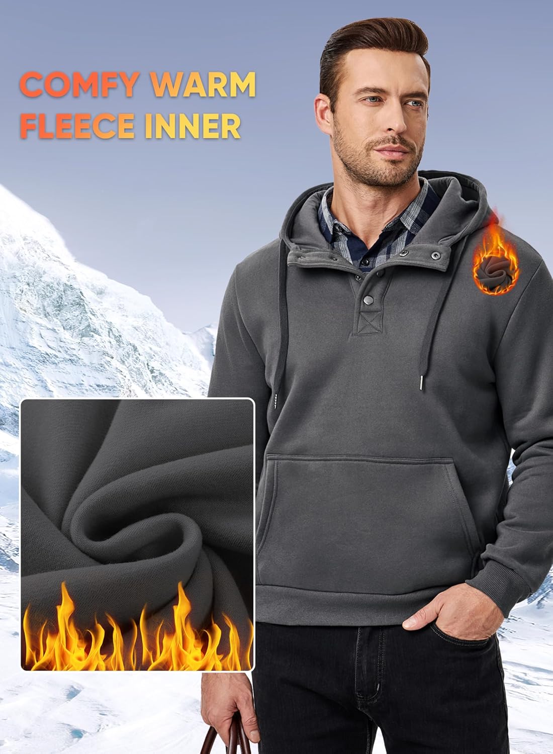 JMIERR Mens 2025 Casual Fahsion Fall Hoodie Pullover Quarter Drawstring Fleece Winter Button Hooded Shirt with Pocket - Image 2