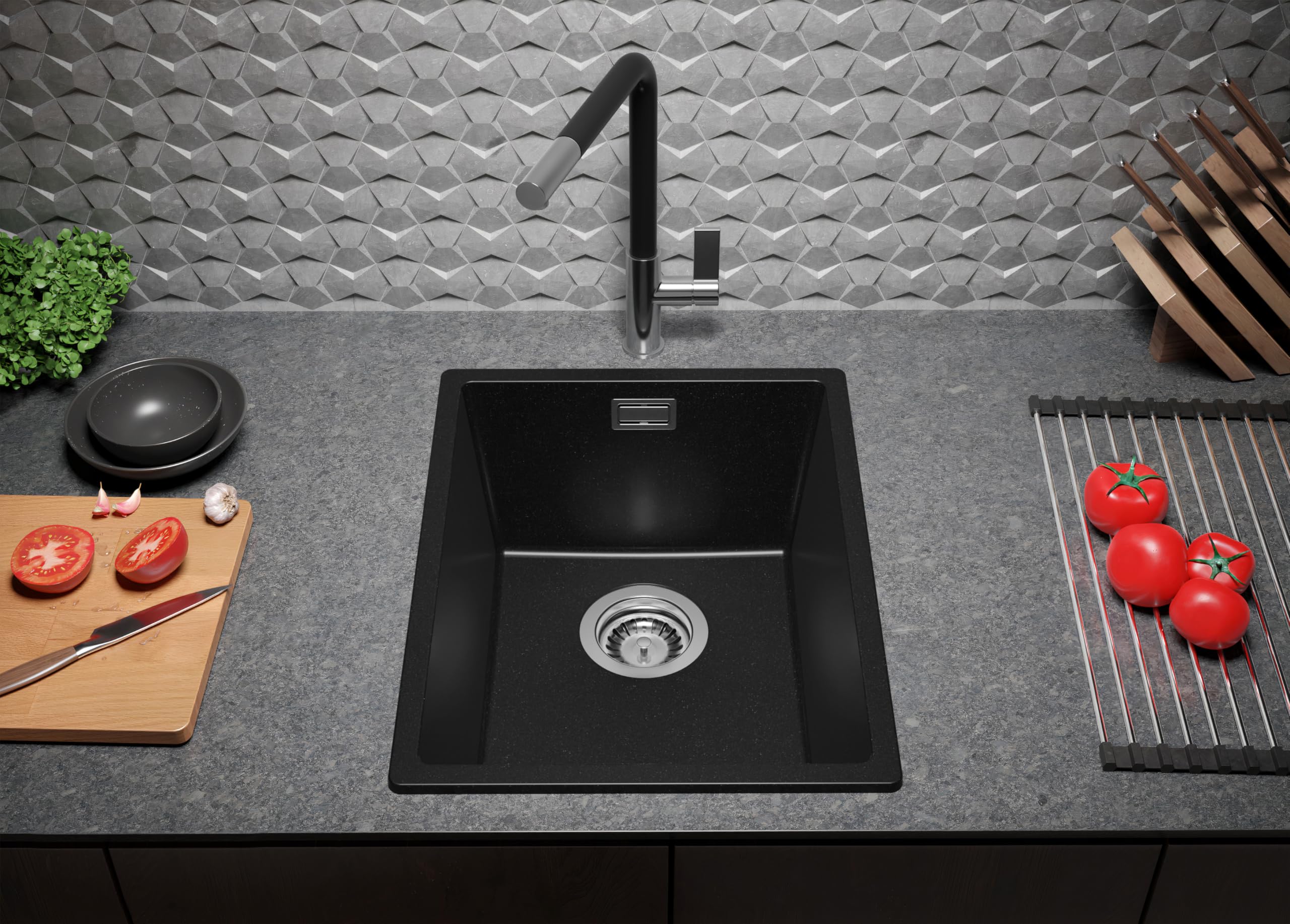 PRIMAGRAN Evier Cuisine en Granit Tout Noir 36x47cm, Lavabo 1 bac + Kit de Vidage, Évier à Encastrer au Meuble 40cm - London S033