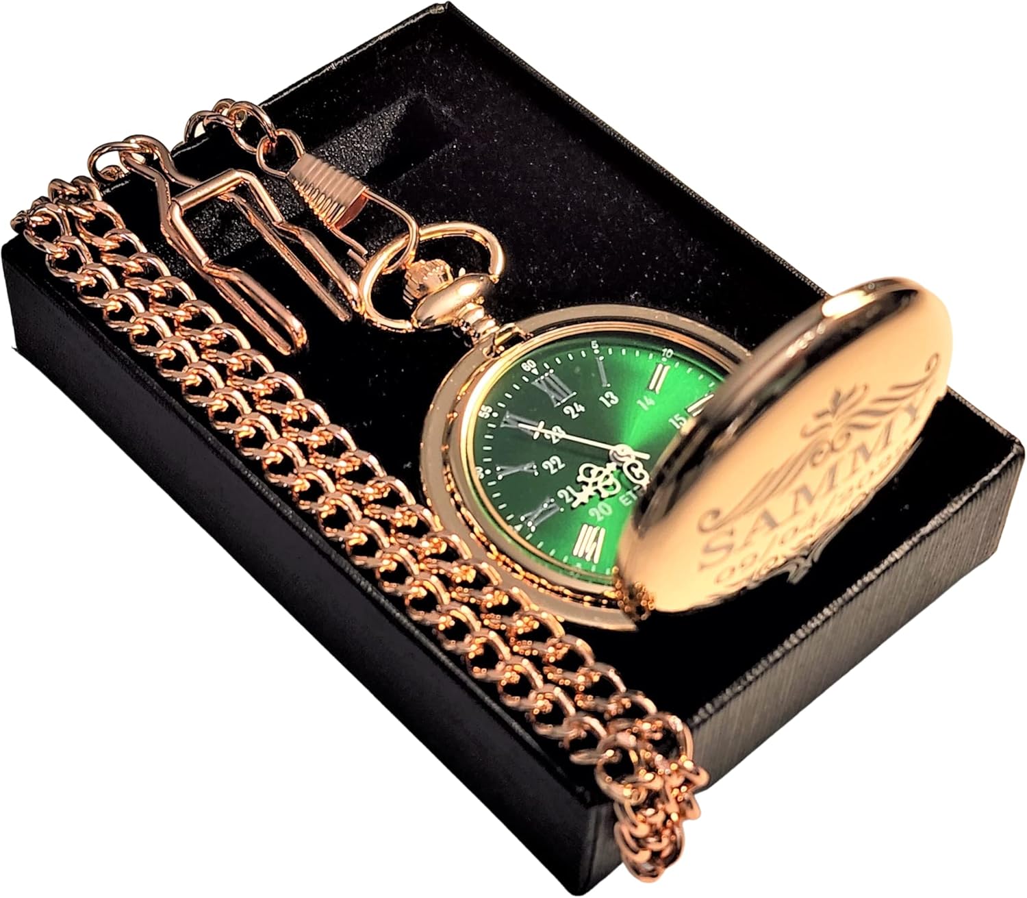 Engraved Rose Gold pocket watch, Green dial with Roman numerals, comes with the chain, fitted box and engraving. Vintage style pocket watch personalized