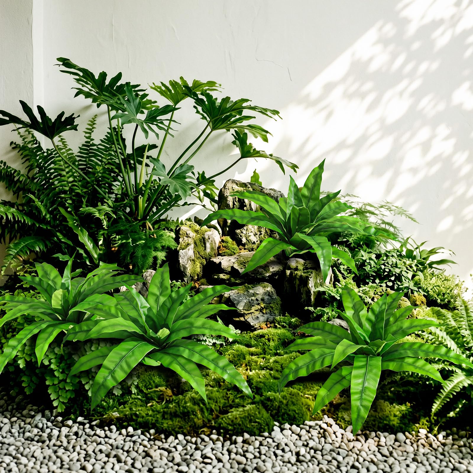 4 plantas artificiales para exteriores, tallos de helecho de nido de pájaros, verde brillante, 3D, tacto real, plantas de dracaena falsas, resistentes a los rayos UV, resistentes a la intemperie