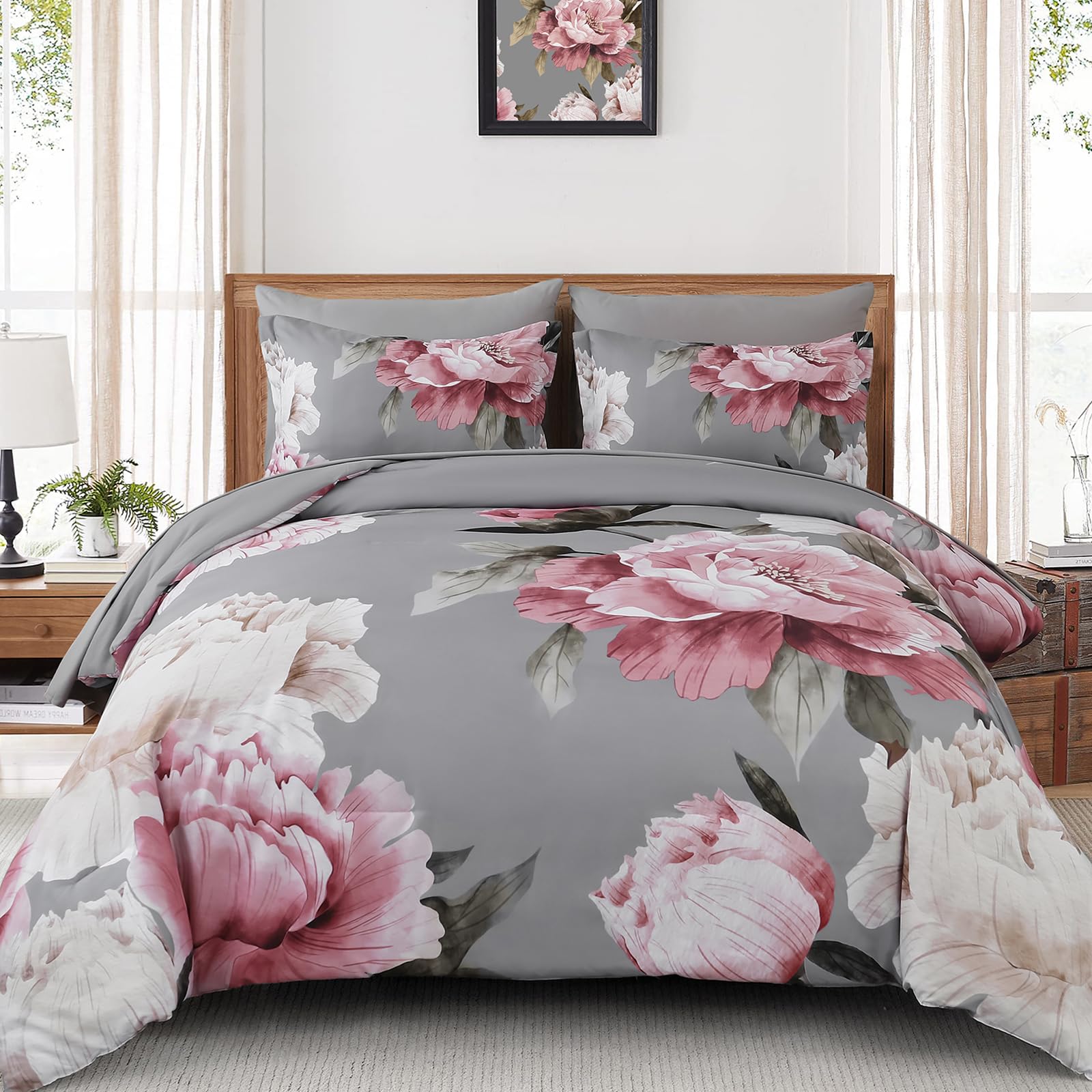 Dobuyly Pink and Grey Comforter Set Queen Size 7 Piece Bed in a Bag, Floral Printed on Gray Comforter Set with Sheets, Soft Microfiber Botanical