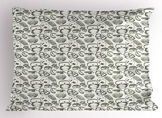 Ambesonne Hipster Pillow Sham, Vintage Style Japanese Food Pattern Teapot and Breads Images in Charcoal Paint, Decorative Standard Queen Size Printed Pillowcase, 30" X 20", Multicolor