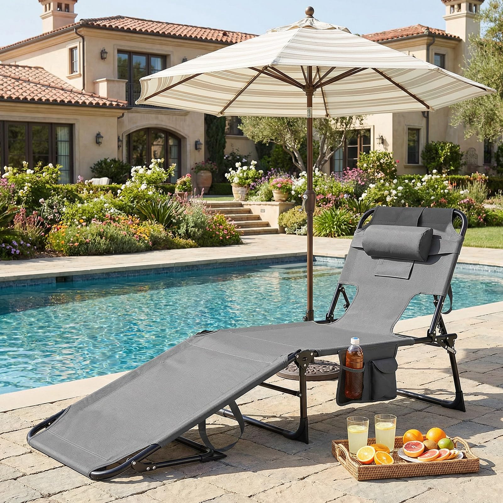 GYMAX Tanning Chair with Face Hole, Sun Bathing Lounge Chairs for Outside with Side Pocket, Folding Portable Face Down Layout Tanning Chair Beach, Backyard, Poolside, Lawn (Grey,1) - 2
