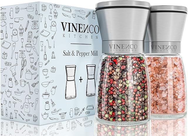 Salt and Pepper Grinders Set - Premium Ceramic Mills with Adjustable Coarseness, Coarse & Fine | 2 Refillable Empty Design Spices Crushers | Glass Pots + Stainless Steel Manual Herbs Dispenser Duo Kit