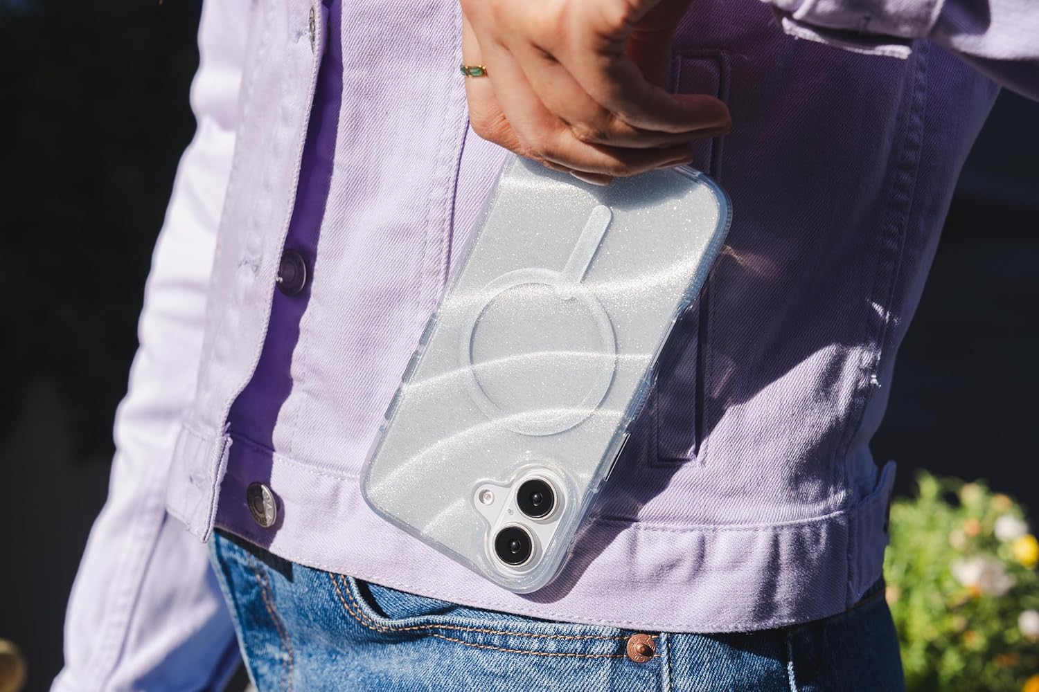 ZAGG Milan Snap Case for iPhone 16 – White Glitter Swirl on Clear Base, MagSafe Compatible, 13ft Drop Protection, Recycled Materials, Slim & Stylish Design - Image 6