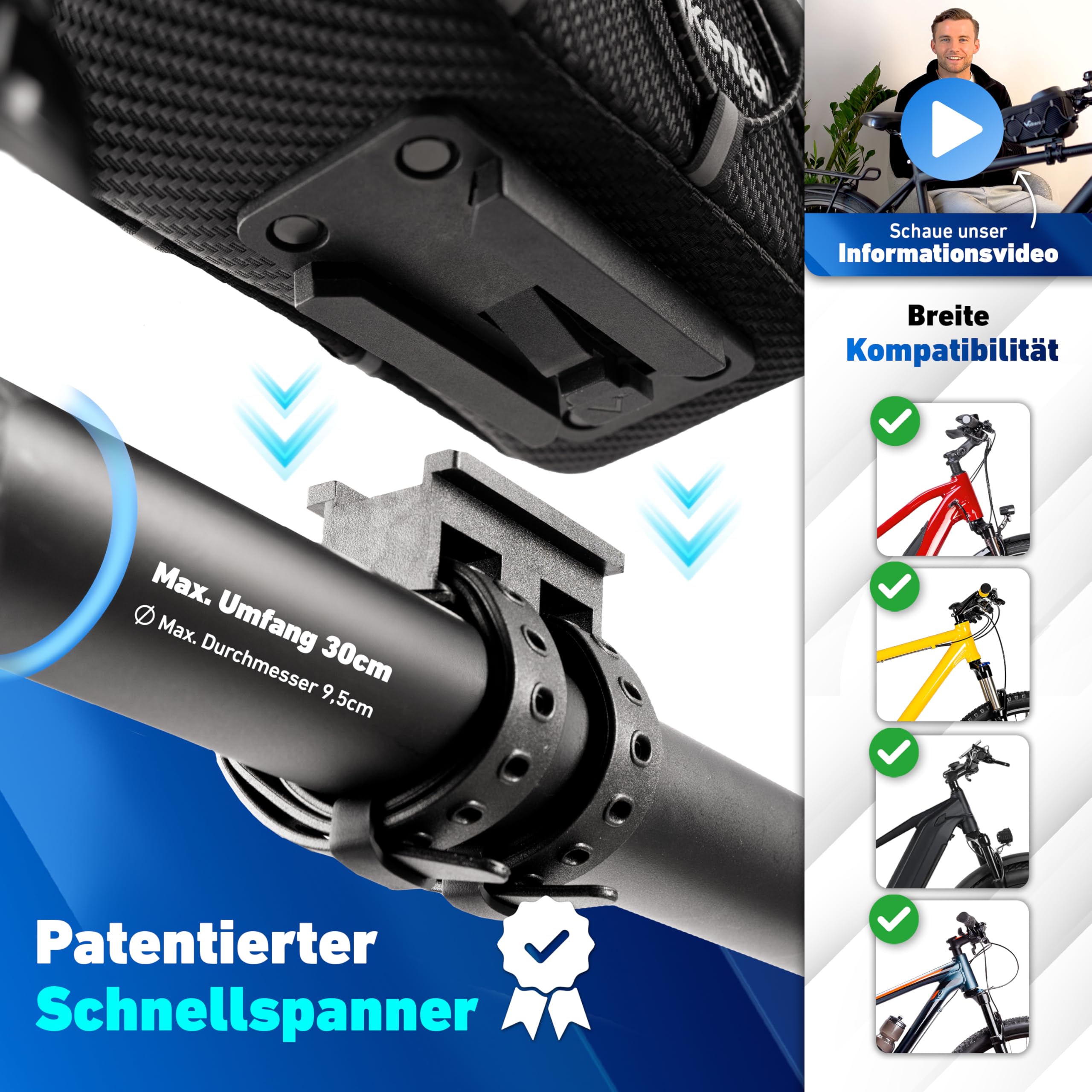 Valkental® Fahrrad Rahmentasche [Innovativer Adapter] Wasserfeste Oberrohrtasche mit Schnellspanner für Ebike, Rennrad & MTB [Viel Platz] Fahrradtasche Rahmen Handy – Handytasche mit sensibler Folie